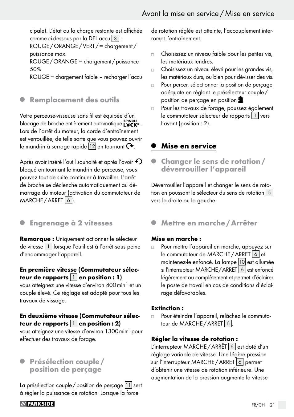 Remplacement des outils, Engrenage à 2 vitesses, Présélection couple / position de perçage | Mise en service, Mettre en marche / arrêter | Parkside PABS 10.8 B2 User Manual | Page 21 / 44