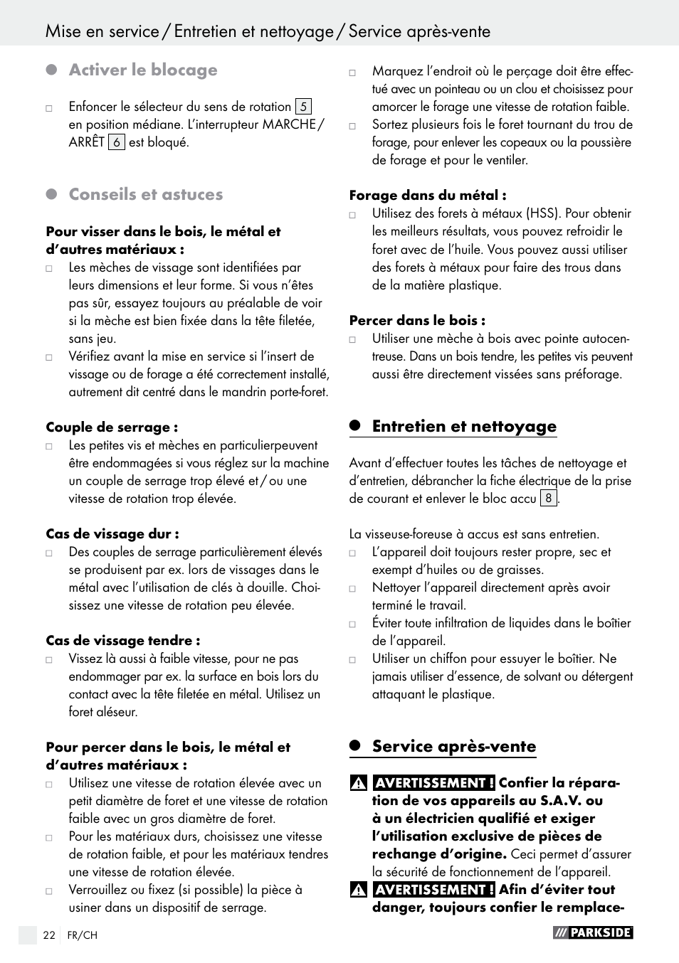 Activer le blocage, Conseils et astuces, Entretien et nettoyage | Service après-vente | Parkside PABS 10.8 B2 User Manual | Page 22 / 44