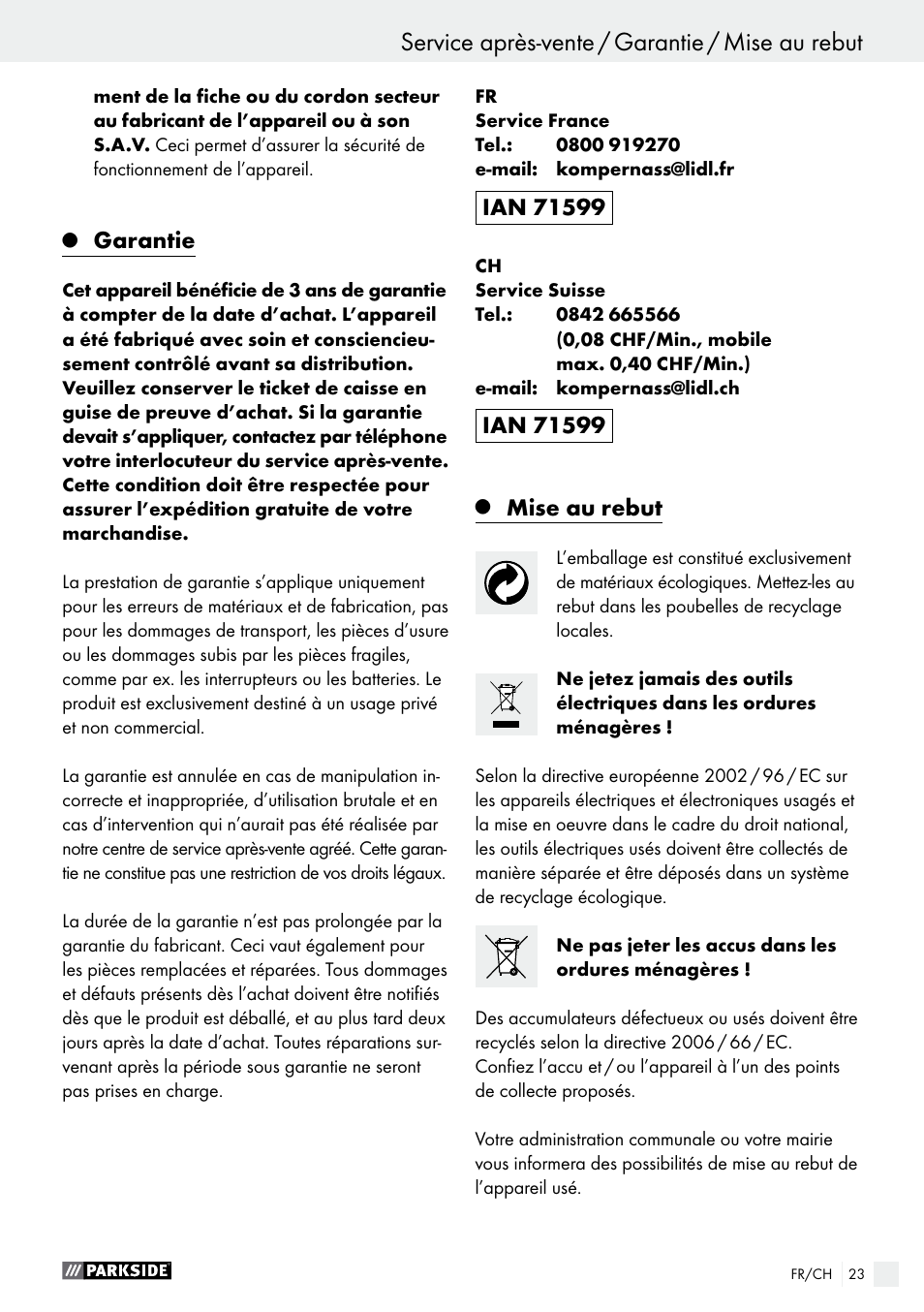 Garantie, Mise au rebut | Parkside PABS 10.8 B2 User Manual | Page 23 / 44