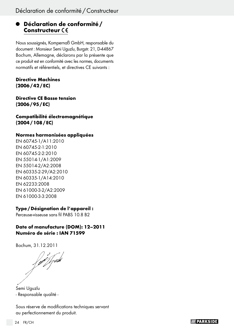 Déclaration de conformité / constructeur, Indice | Parkside PABS 10.8 B2 User Manual | Page 24 / 44