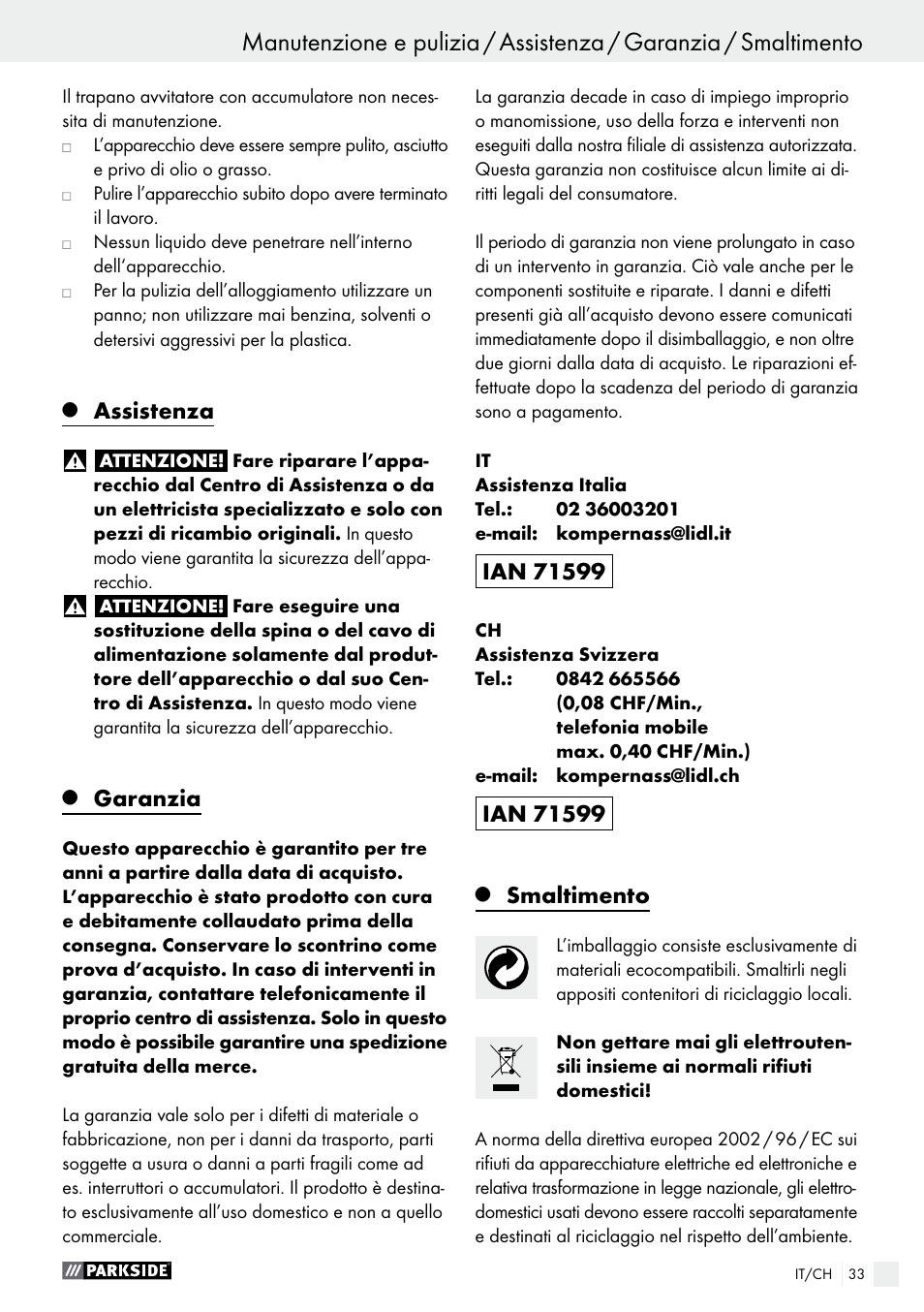 Assistenza, Garanzia, Smaltimento | Parkside PABS 10.8 B2 User Manual | Page 33 / 44