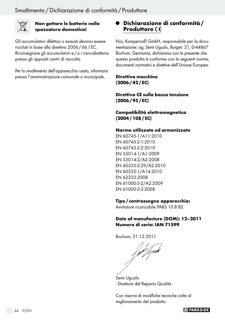 Dichiarazione di conformità / produttore | Parkside PABS 10.8 B2 User Manual | Page 34 / 44