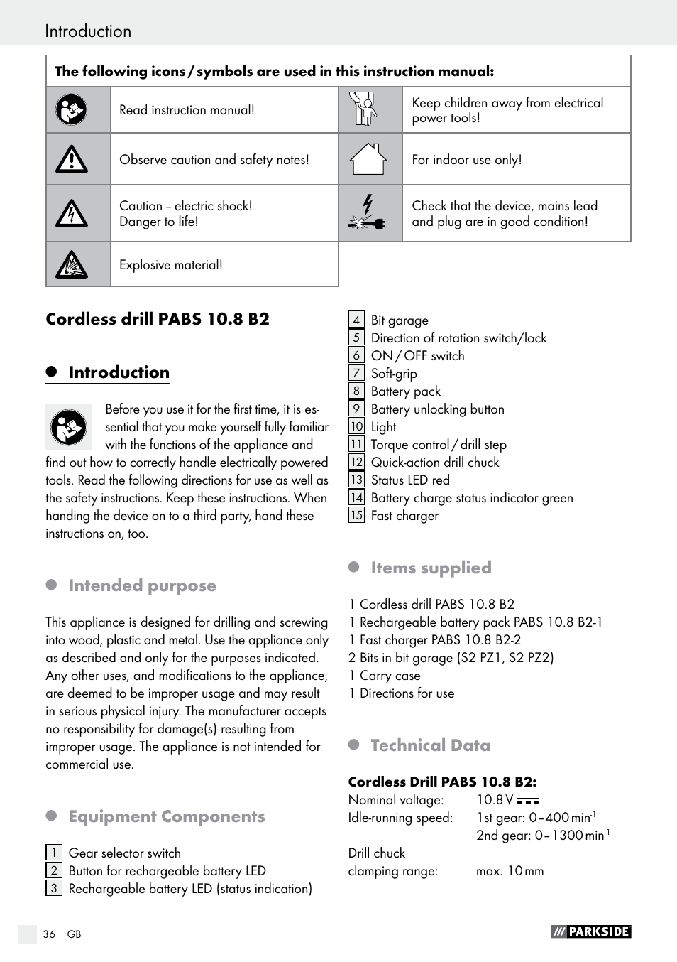 Introduction, Cordless drill pabs 10.8 b2, Intended purpose | Equipment components, Items supplied, Technical data | Parkside PABS 10.8 B2 User Manual | Page 36 / 44