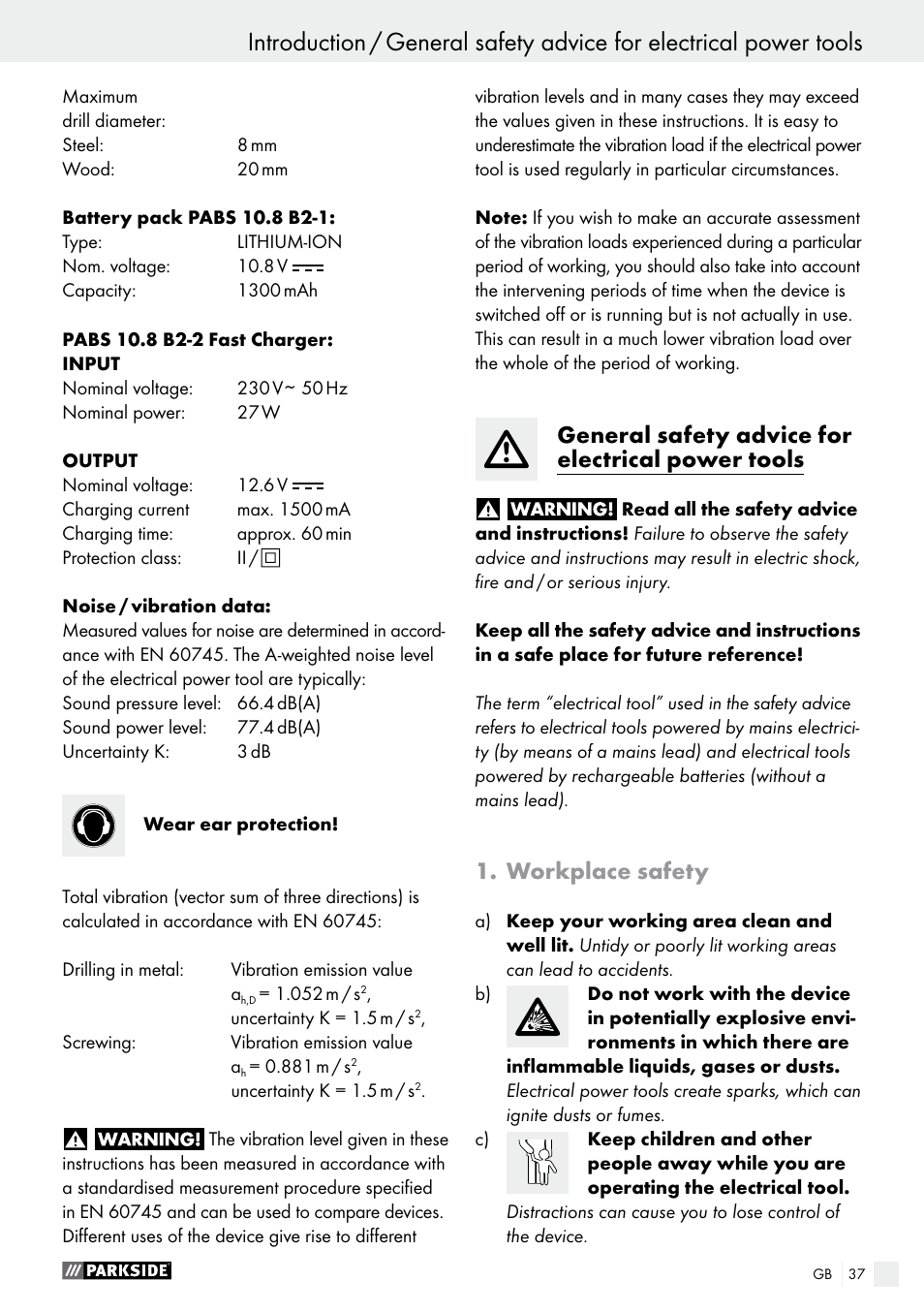 General safety advice for electrical power tools, Workplace safety | Parkside PABS 10.8 B2 User Manual | Page 37 / 44