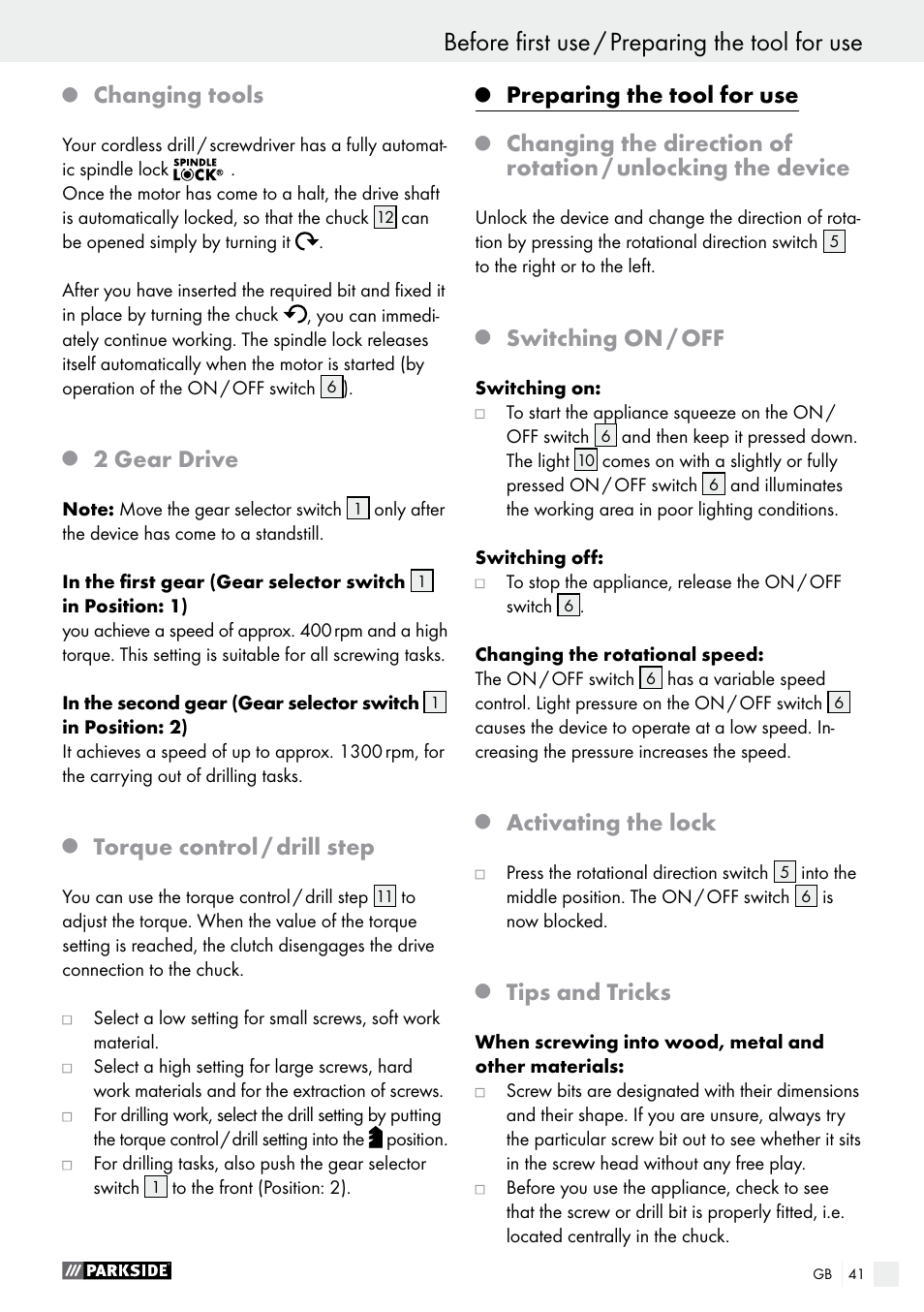 Before first use / preparing the tool for use, Changing tools, 2 gear drive | Torque control / drill step, Preparing the tool for use, Switching on / off, Activating the lock, Tips and tricks | Parkside PABS 10.8 B2 User Manual | Page 41 / 44