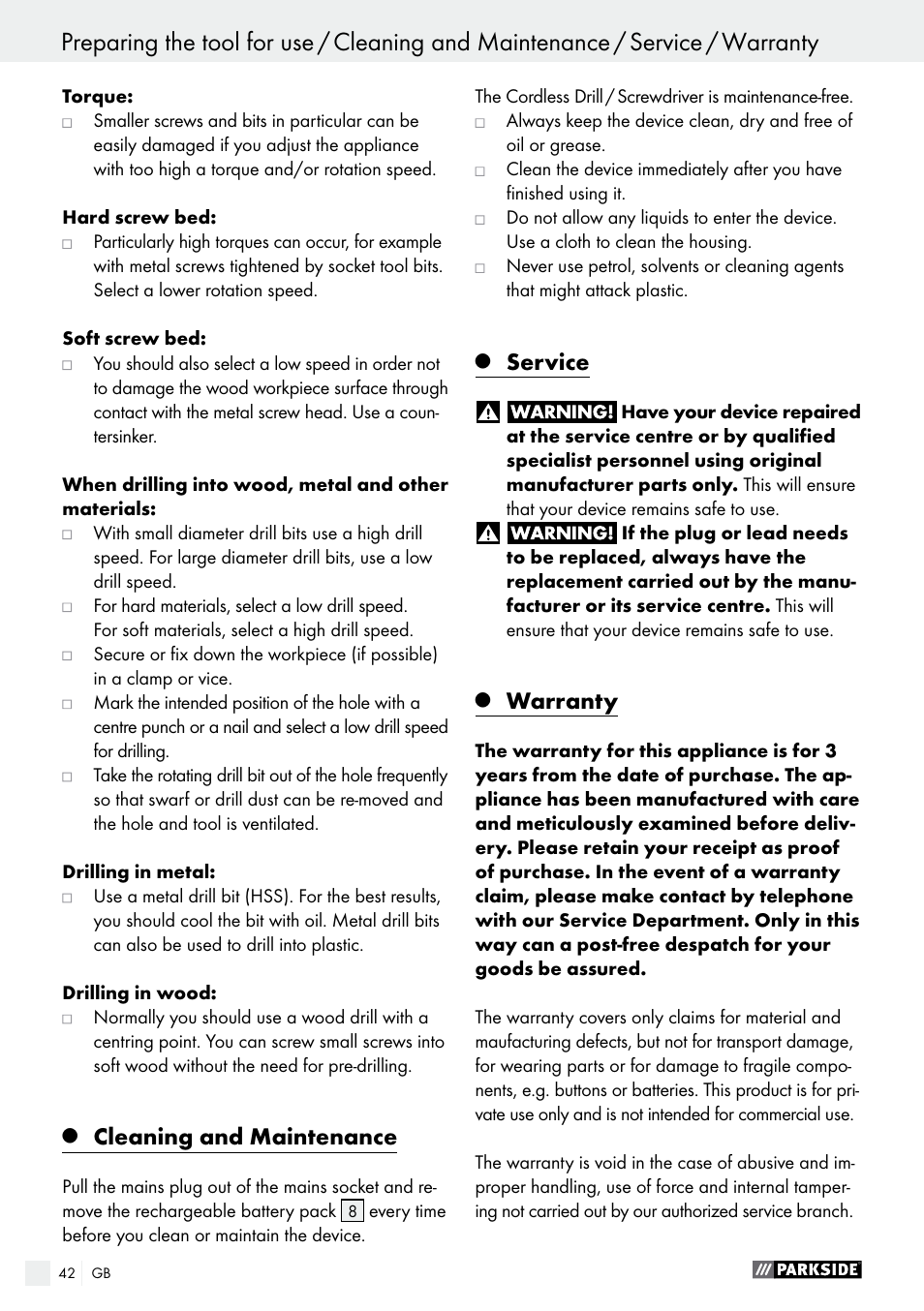 Cleaning and maintenance, Service, Warranty | Parkside PABS 10.8 B2 User Manual | Page 42 / 44