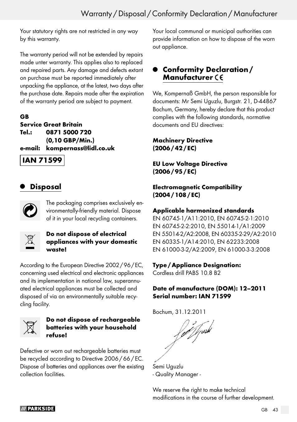 Disposal, Conformity declaration / manufacturer | Parkside PABS 10.8 B2 User Manual | Page 43 / 44