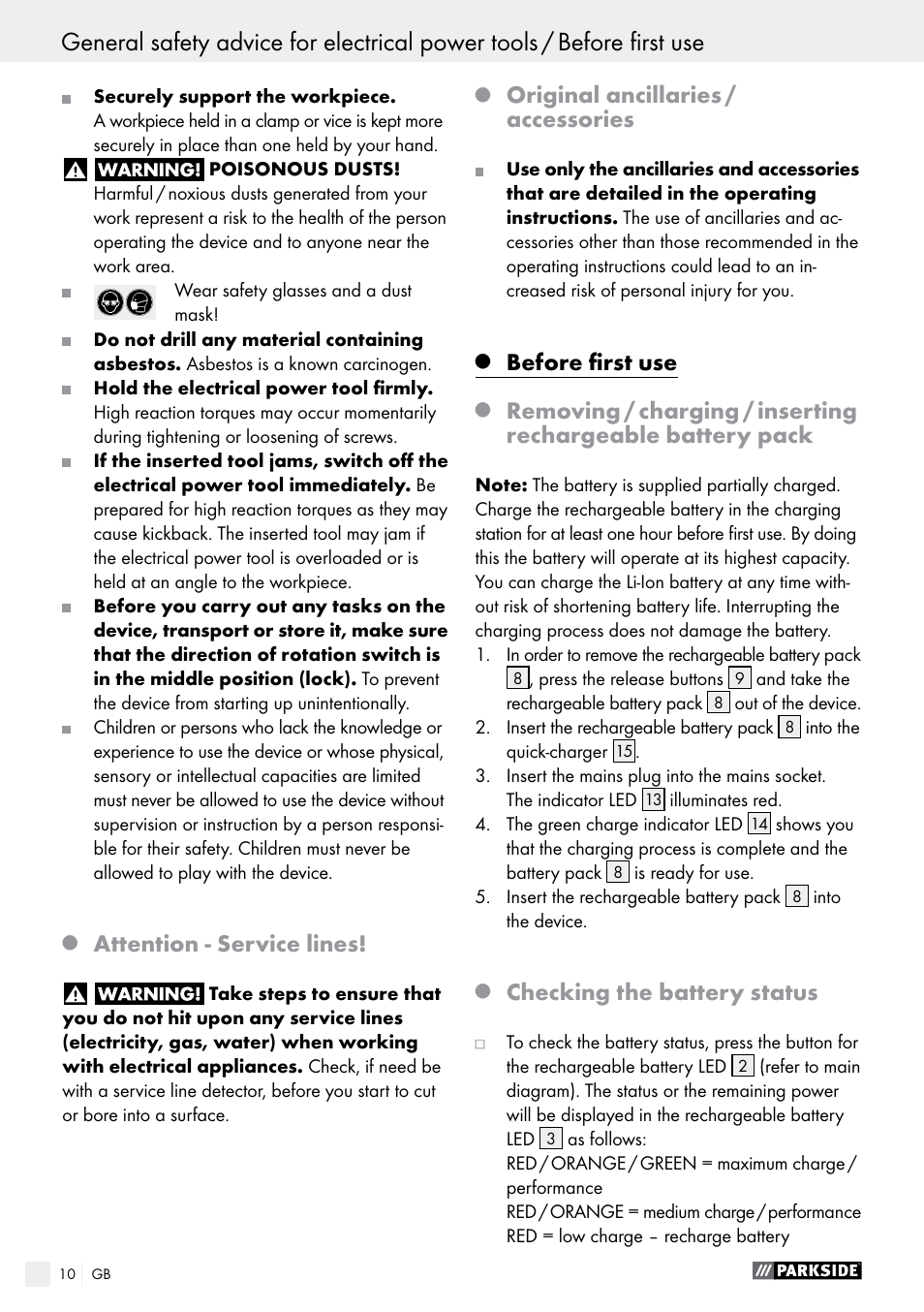 Attention - service lines, Original ancillaries / accessories, Before first use | Checking the battery status | Parkside PABS 10.8 B2 User Manual | Page 10 / 55