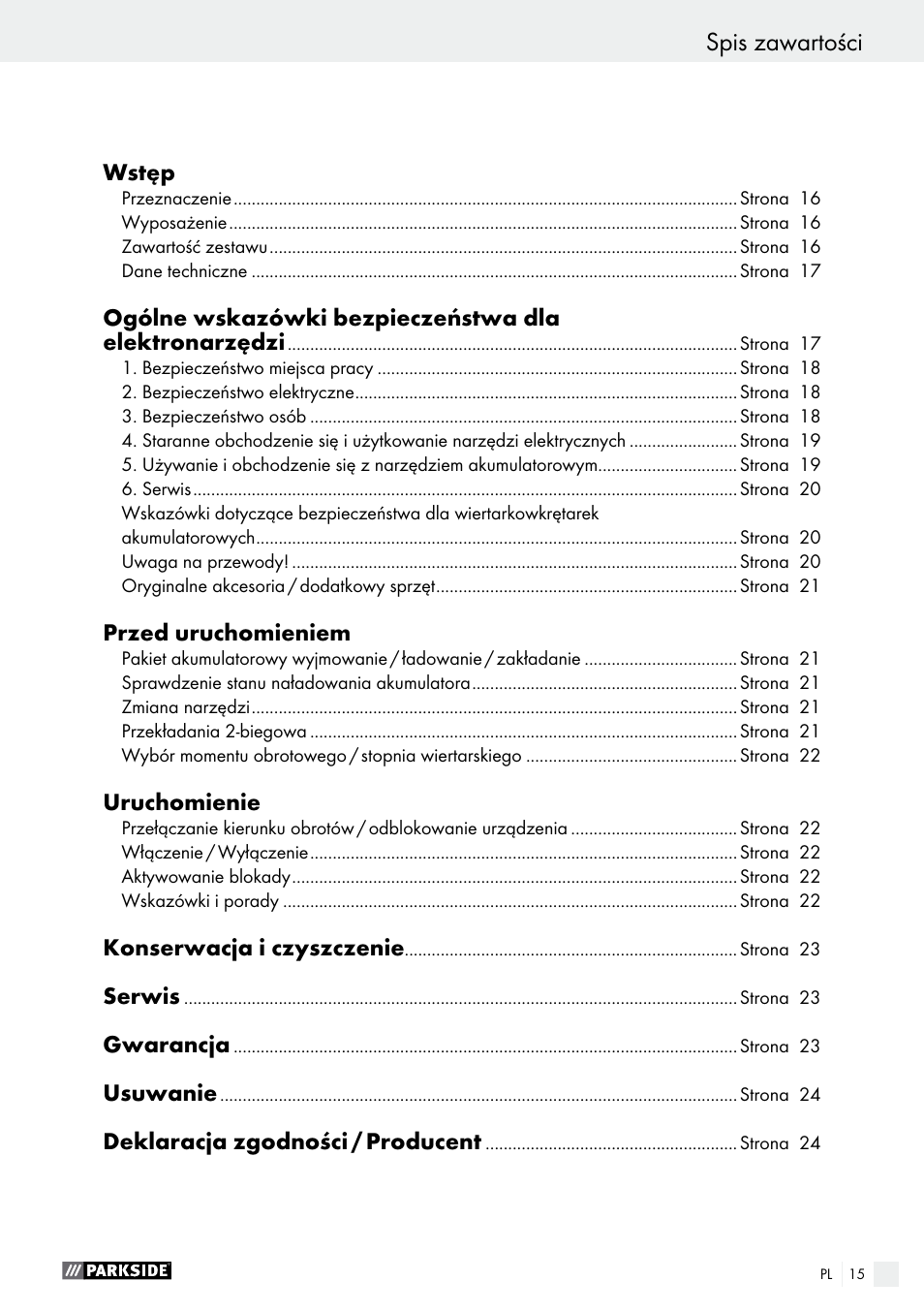 Spis zawartości | Parkside PABS 10.8 B2 User Manual | Page 15 / 55