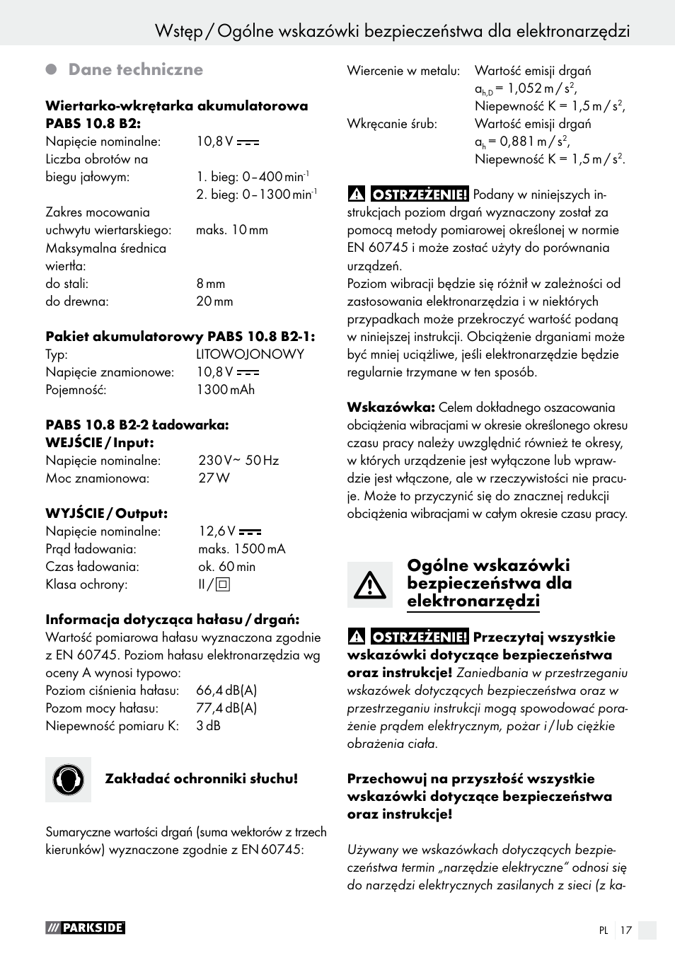 Dane techniczne | Parkside PABS 10.8 B2 User Manual | Page 17 / 55