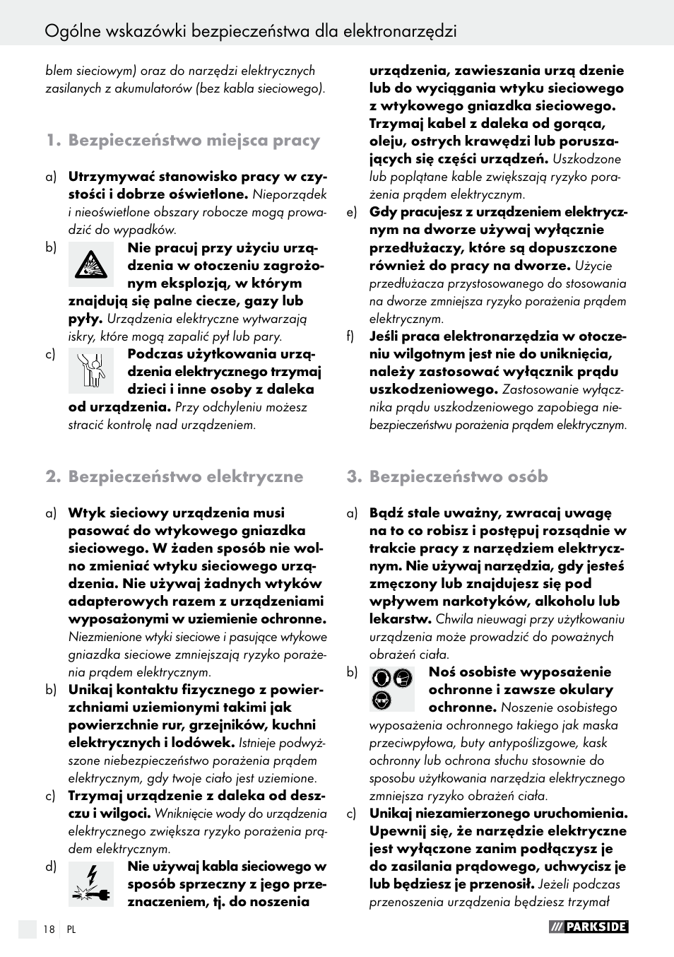 Bezpieczeństwo miejsca pracy, Bezpieczeństwo elektryczne, Bezpieczeństwo osób | Parkside PABS 10.8 B2 User Manual | Page 18 / 55