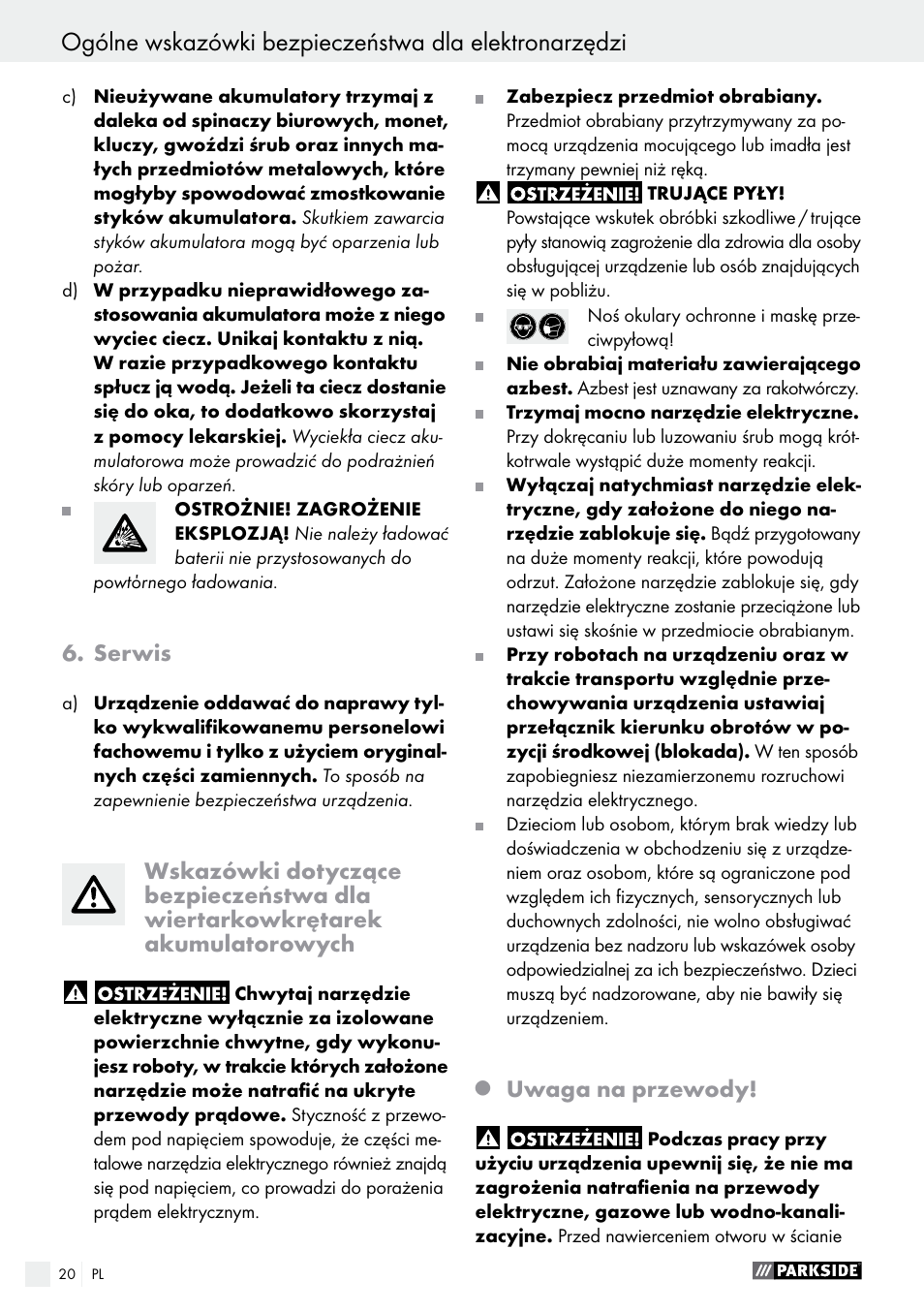 Serwis, Uwaga na przewody | Parkside PABS 10.8 B2 User Manual | Page 20 / 55