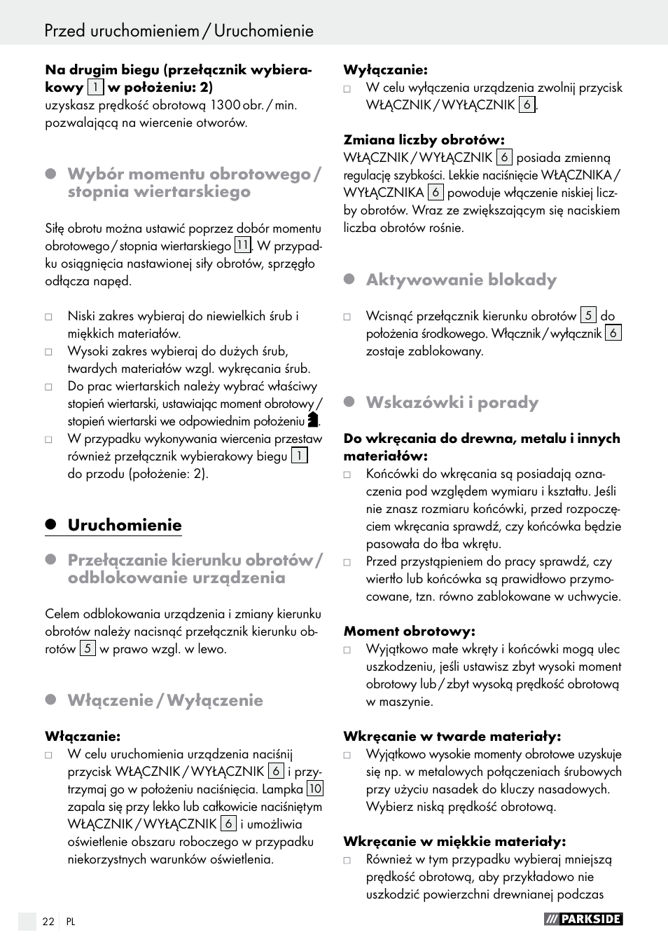 Wybór momentu obrotowego / stopnia wiertarskiego, Uruchomienie, Włączenie / wyłączenie | Aktywowanie blokady, Wskazówki i porady | Parkside PABS 10.8 B2 User Manual | Page 22 / 55