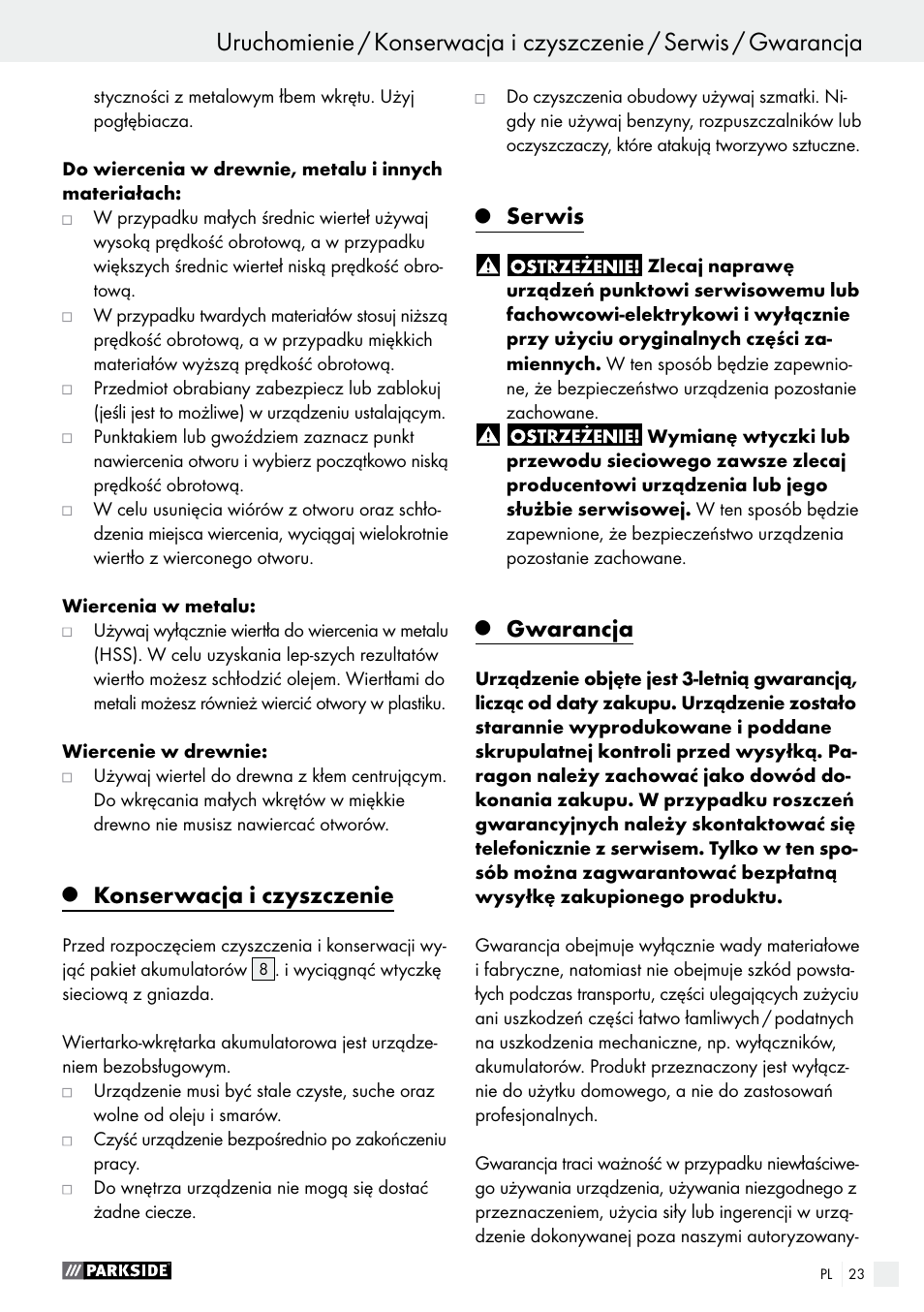 Konserwacja i czyszczenie, Serwis, Gwarancja | Parkside PABS 10.8 B2 User Manual | Page 23 / 55