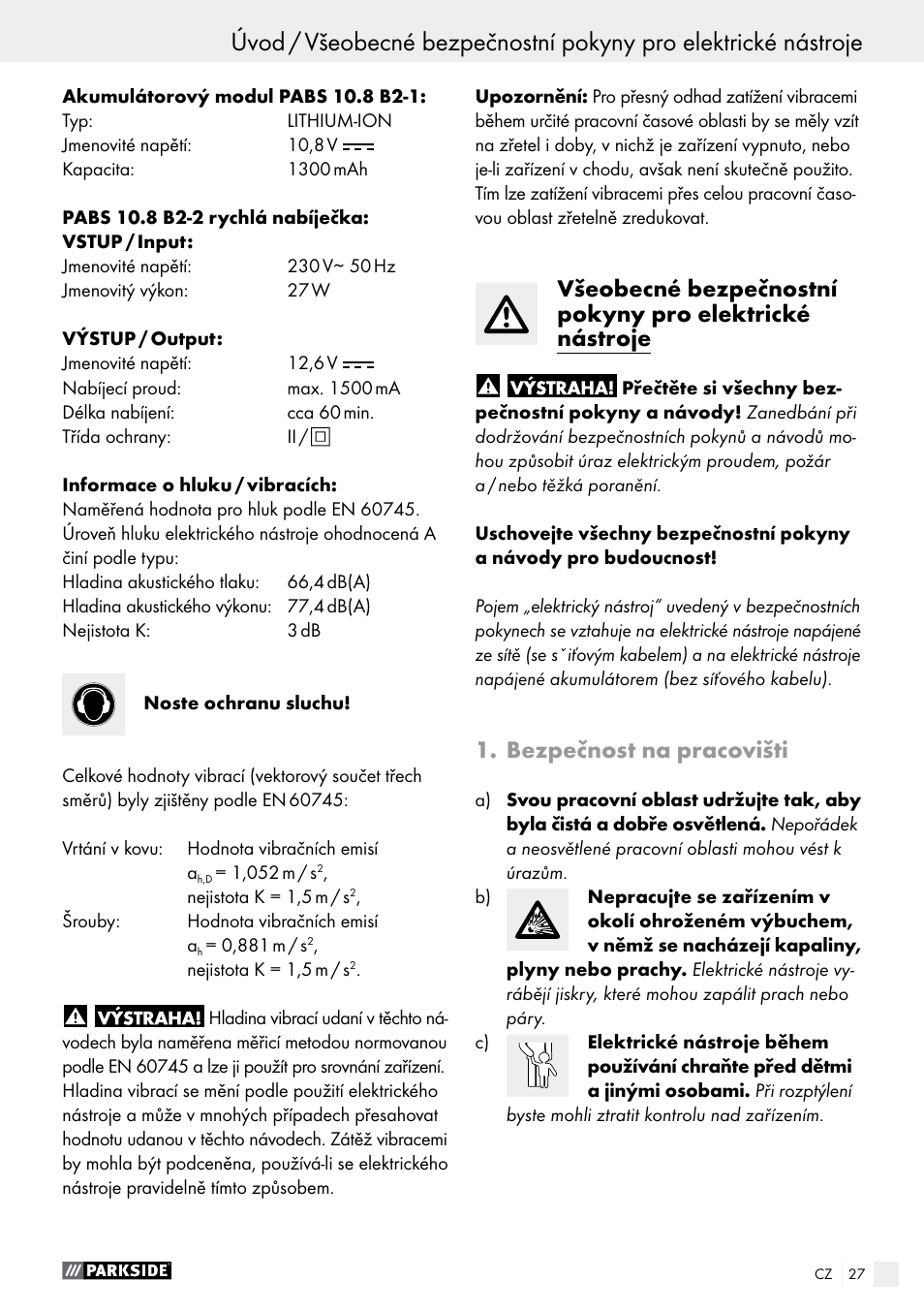 Bezpečnost na pracovišti | Parkside PABS 10.8 B2 User Manual | Page 27 / 55