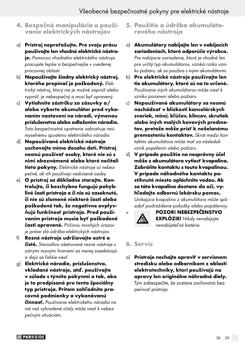 Použitie a údržba akumuláto- rového nástroja, Servis | Parkside PABS 10.8 B2 User Manual | Page 39 / 55