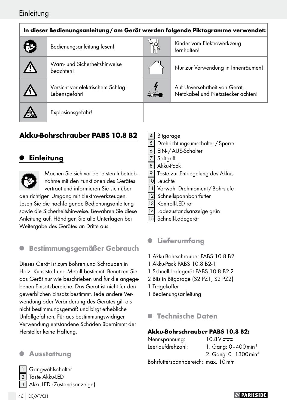 Akku-bohrschrauber pabs 10.8 b2, Einleitung, Bestimmungsgemäßer gebrauch | Ausstattung, Lieferumfang, Technische daten | Parkside PABS 10.8 B2 User Manual | Page 46 / 55