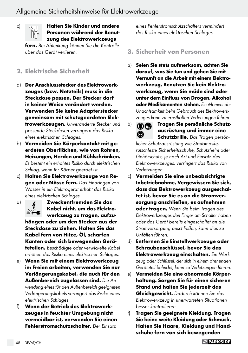 Elektrische sicherheit, Sicherheit von personen | Parkside PABS 10.8 B2 User Manual | Page 48 / 55