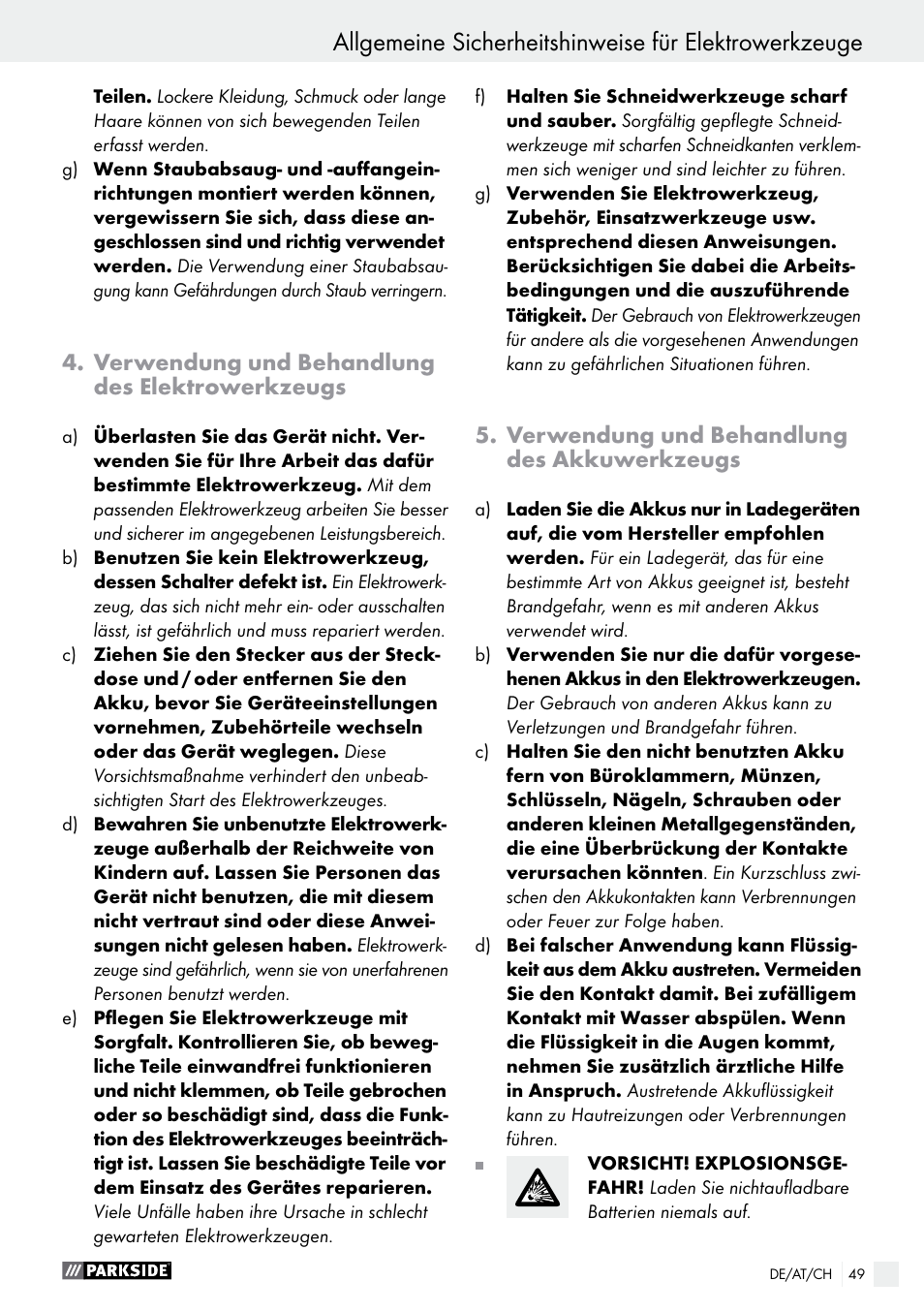 Verwendung und behandlung des elektrowerkzeugs, Verwendung und behandlung des akkuwerkzeugs | Parkside PABS 10.8 B2 User Manual | Page 49 / 55