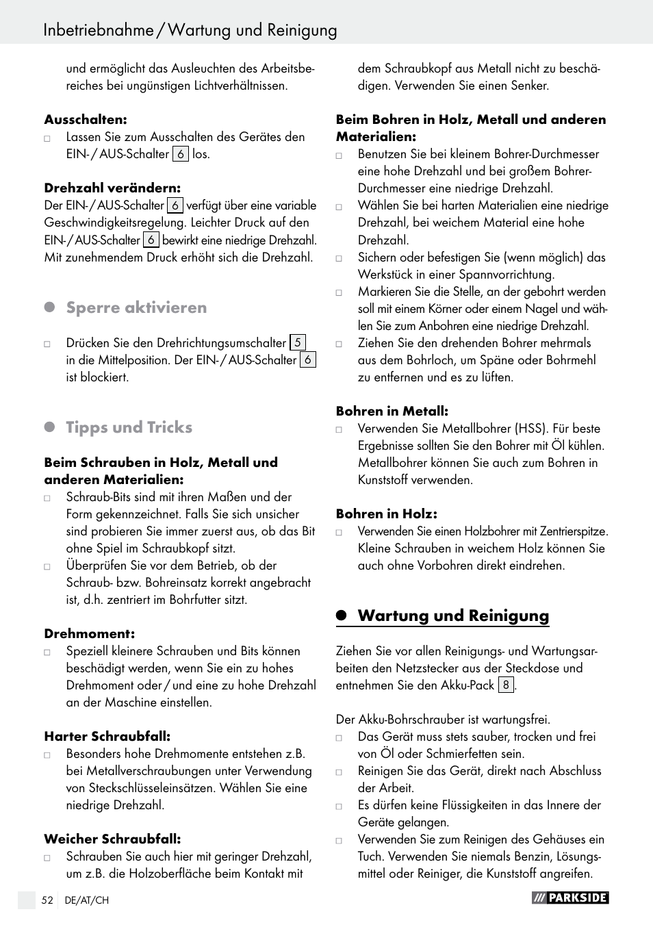 Inbetriebnahme / wartung und reinigung, Sperre aktivieren, Tipps und tricks | Wartung und reinigung | Parkside PABS 10.8 B2 User Manual | Page 52 / 55