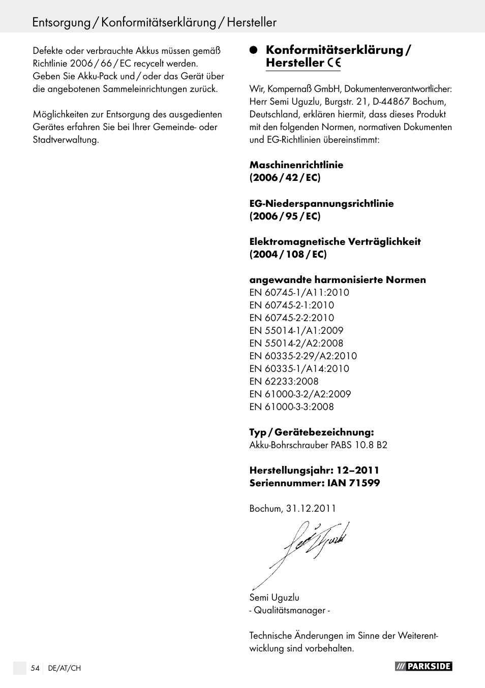 Entsorgung / konformitätserklärung / hersteller | Parkside PABS 10.8 B2 User Manual | Page 54 / 55