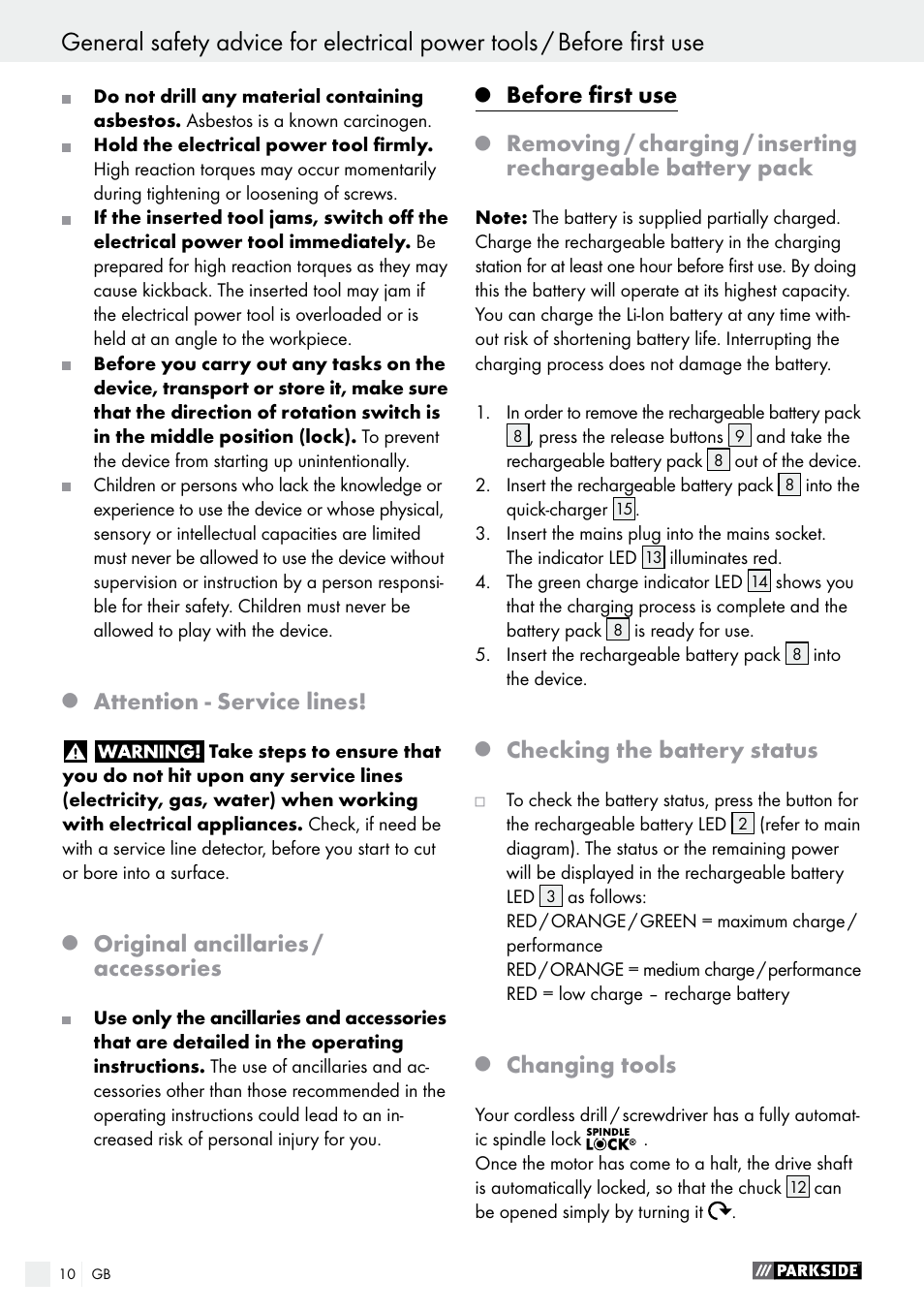 Attention - service lines, Original ancillaries / accessories, Before first use | Checking the battery status, Changing tools | Parkside PABS 10.8 A2 User Manual | Page 10 / 75