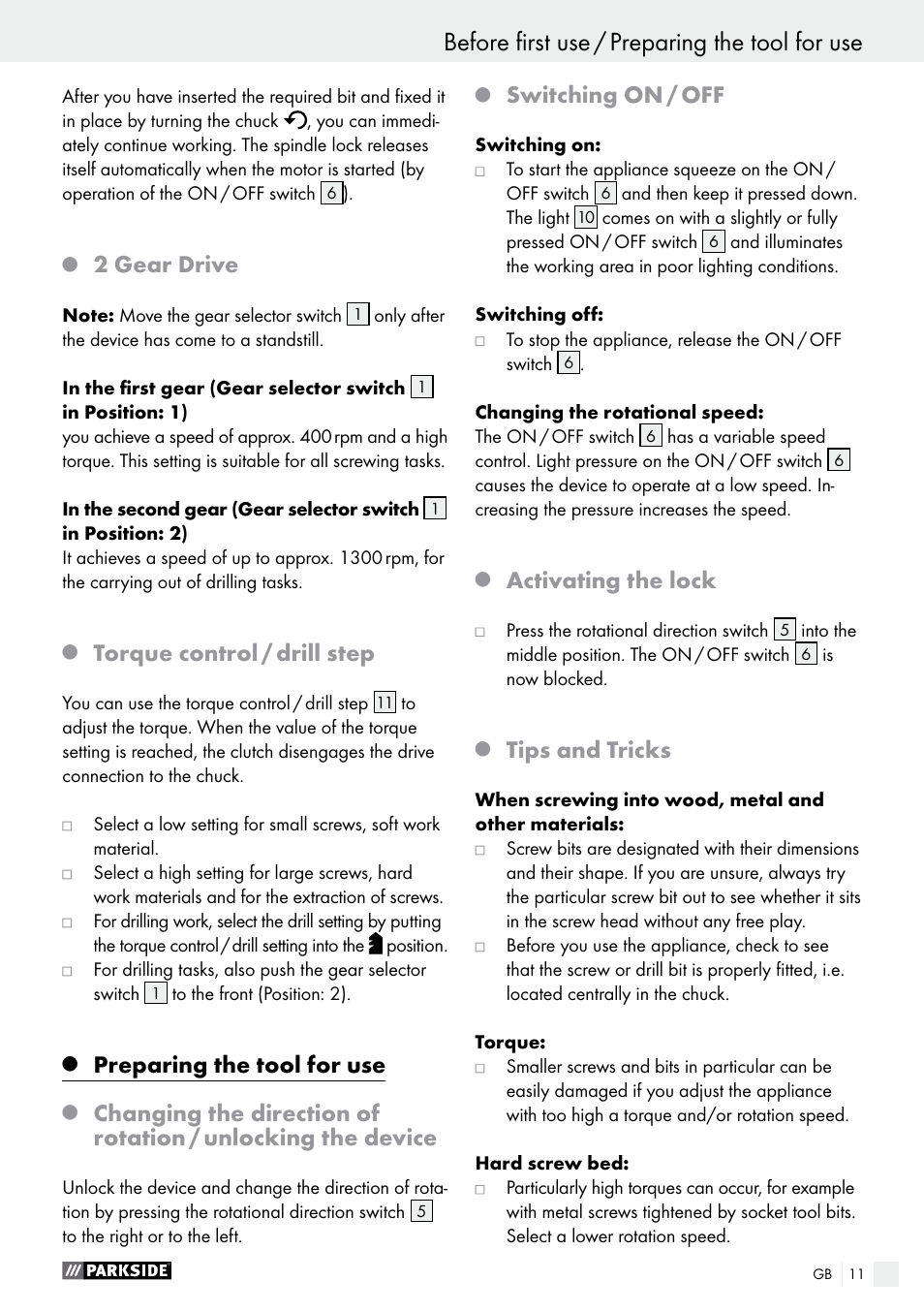 Before first use / preparing the tool for use, 2 gear drive, Torque control / drill step | Preparing the tool for use, Switching on / off, Activating the lock, Tips and tricks | Parkside PABS 10.8 A2 User Manual | Page 11 / 75