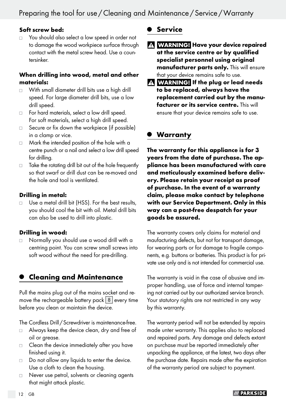 Cleaning and maintenance, Service, Warranty | Parkside PABS 10.8 A2 User Manual | Page 12 / 75