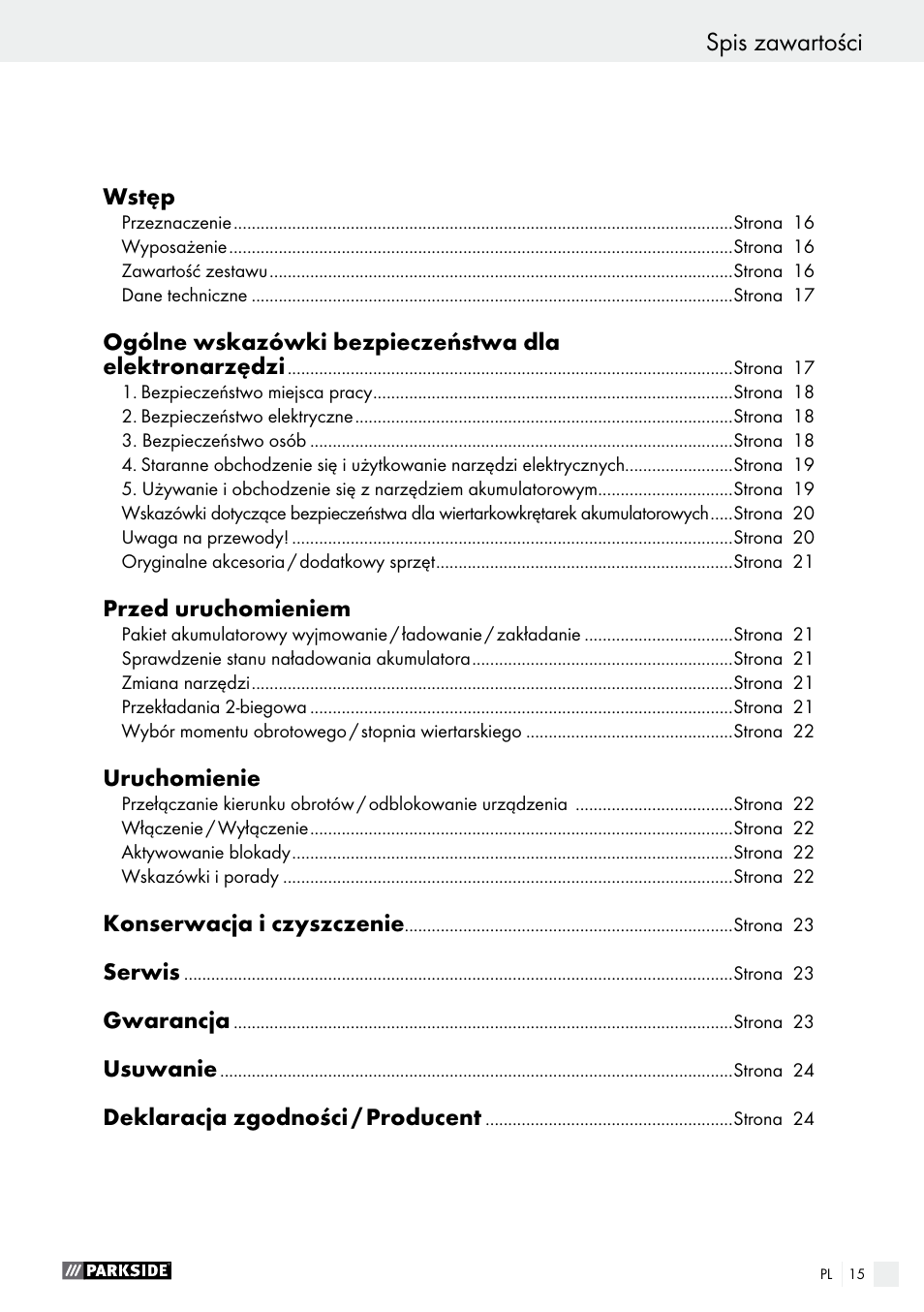 Spis zawartości | Parkside PABS 10.8 A2 User Manual | Page 15 / 75