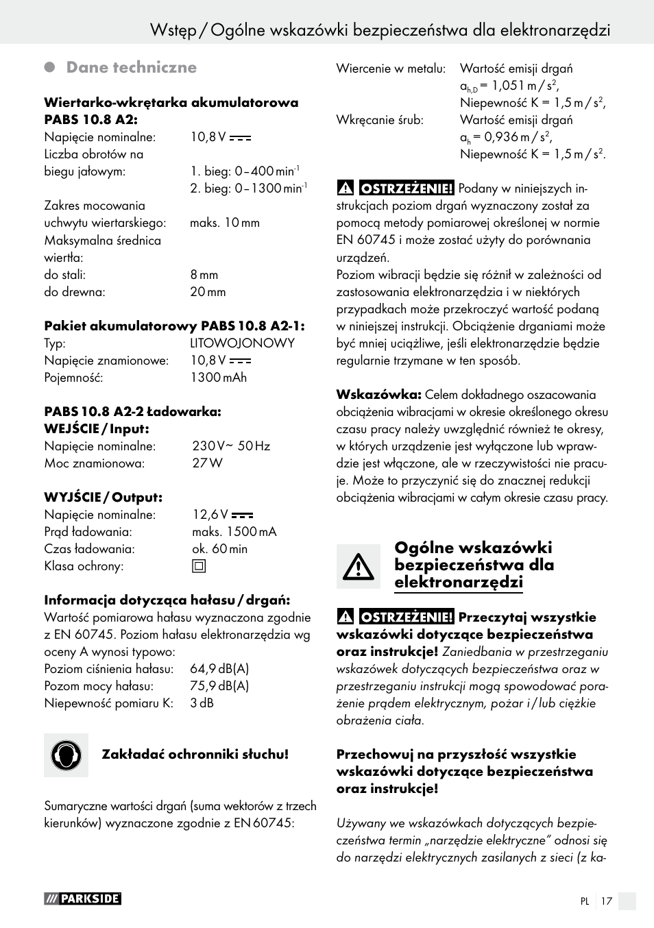 Dane techniczne | Parkside PABS 10.8 A2 User Manual | Page 17 / 75