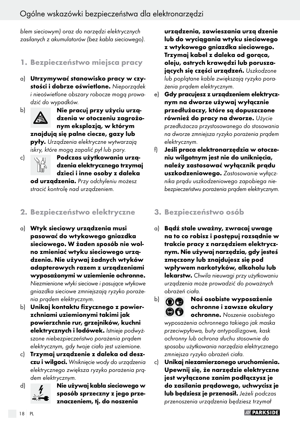 Bezpieczeństwo miejsca pracy, Bezpieczeństwo elektryczne, Bezpieczeństwo osób | Parkside PABS 10.8 A2 User Manual | Page 18 / 75