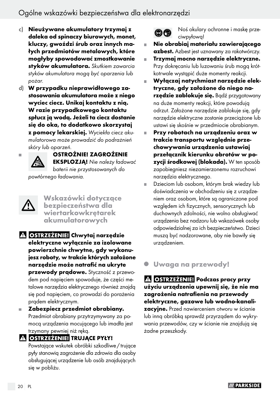 Uwaga na przewody | Parkside PABS 10.8 A2 User Manual | Page 20 / 75