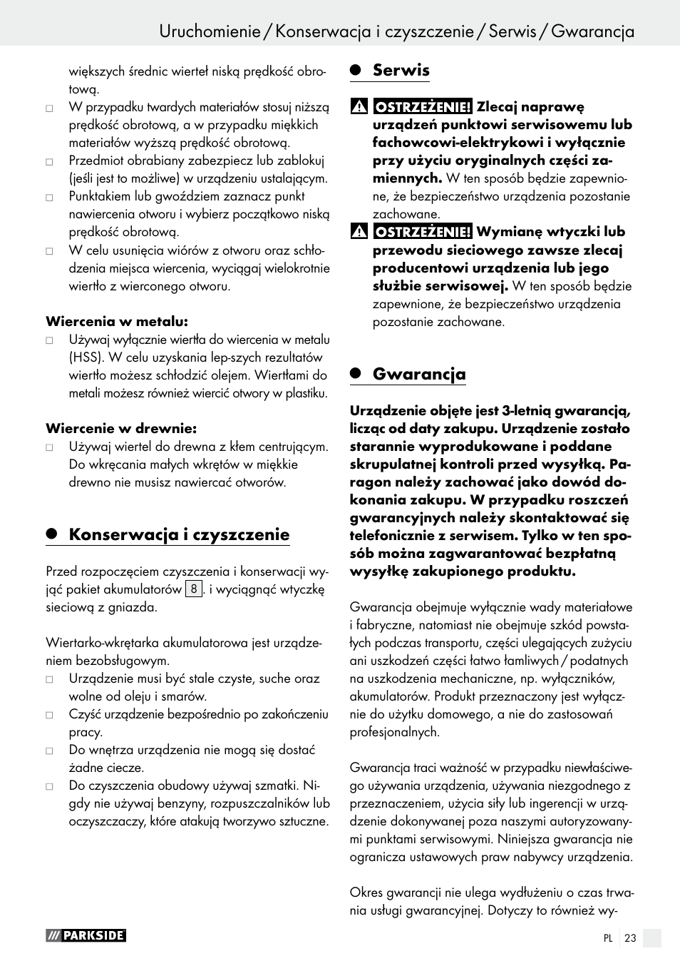 Konserwacja i czyszczenie, Serwis, Gwarancja | Parkside PABS 10.8 A2 User Manual | Page 23 / 75