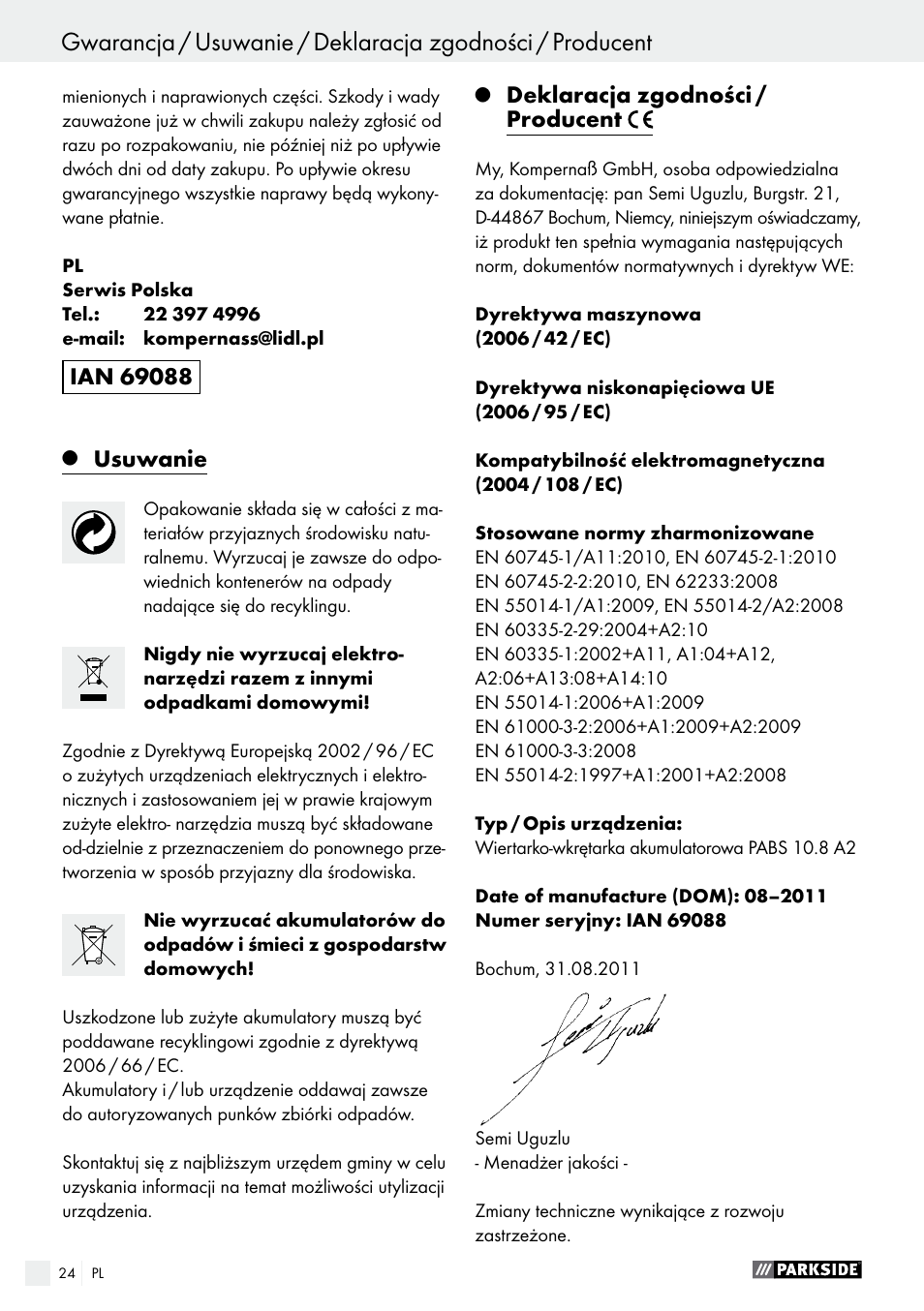 Tartalomjegyzék, Usuwanie, Deklaracja zgodności / producent | Parkside PABS 10.8 A2 User Manual | Page 24 / 75