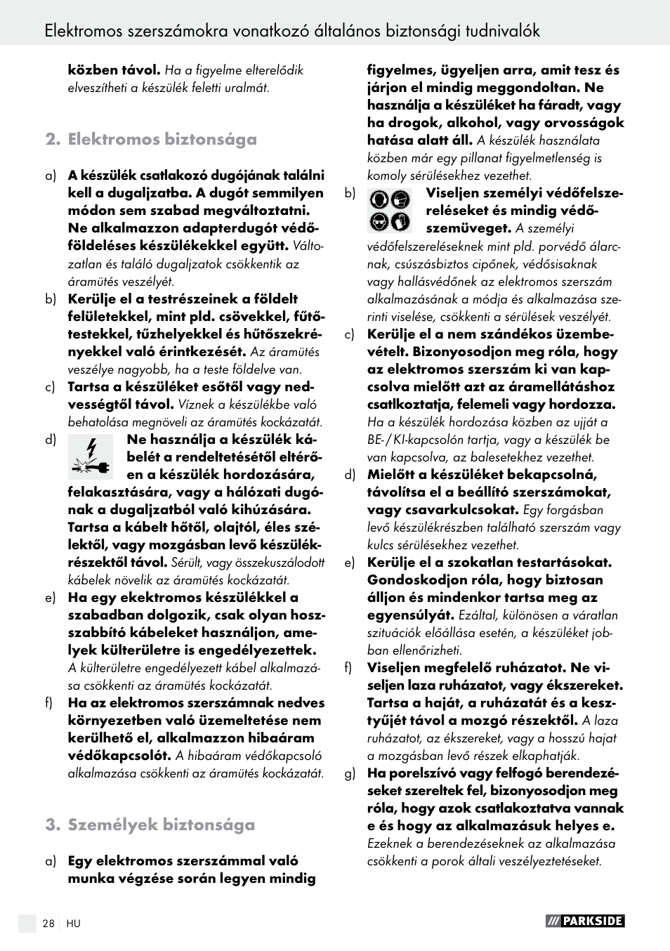 Elektromos biztonsága, Személyek biztonsága | Parkside PABS 10.8 A2 User Manual | Page 28 / 75