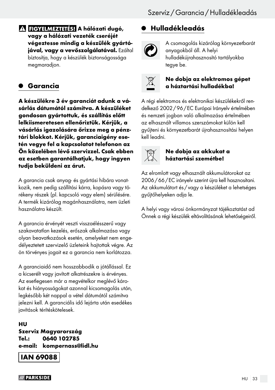 Szervíz / garancia / hulladékleadás, Garancia, Hulladékleadás | Parkside PABS 10.8 A2 User Manual | Page 33 / 75