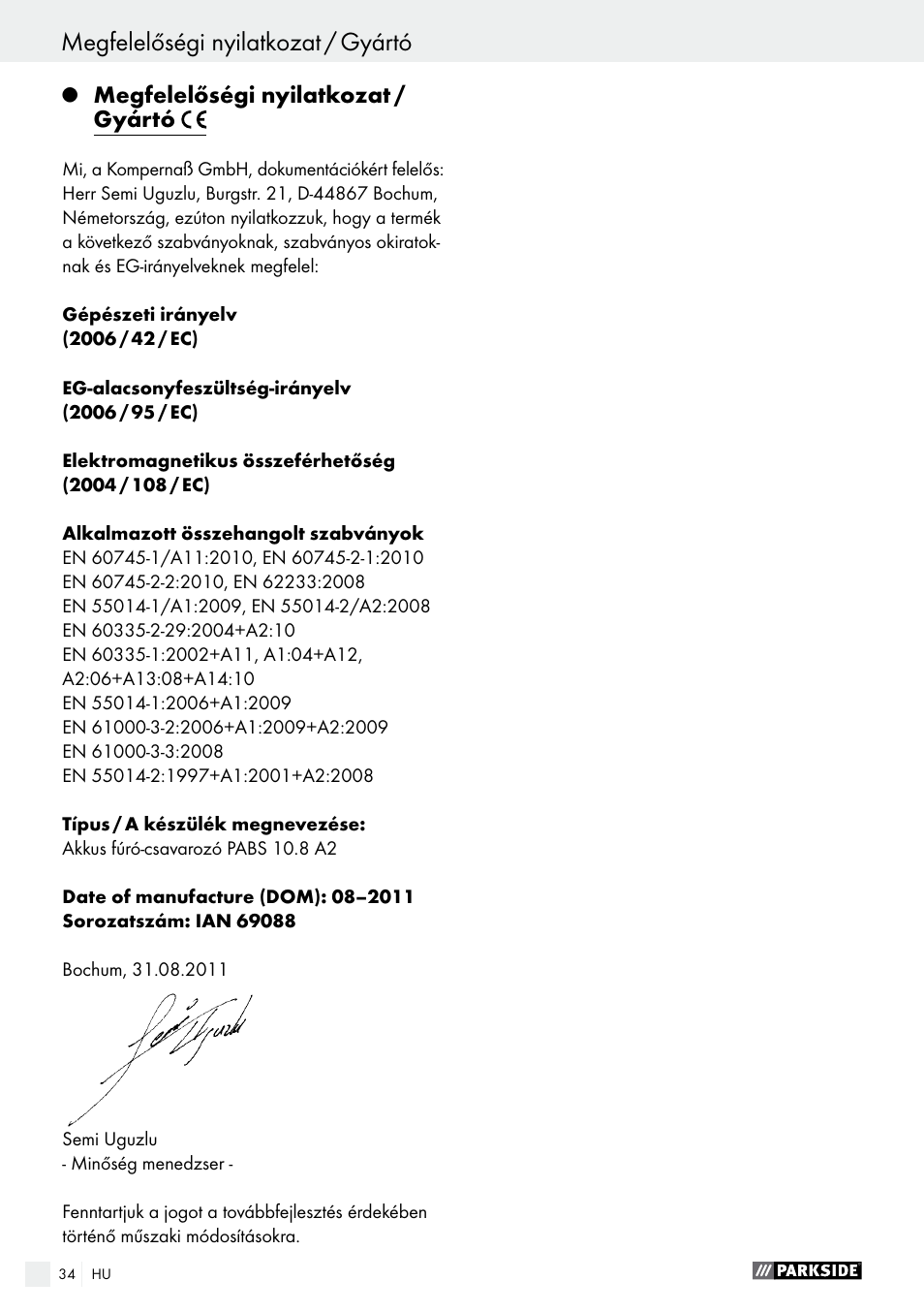 Kazalo, Megfelelőségi nyilatkozat / gyártó | Parkside PABS 10.8 A2 User Manual | Page 34 / 75