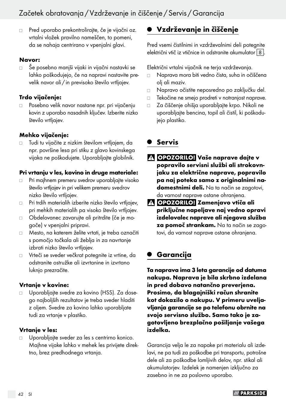 Vzdrževanje in čiščenje, Servis, Garancija | Parkside PABS 10.8 A2 User Manual | Page 42 / 75