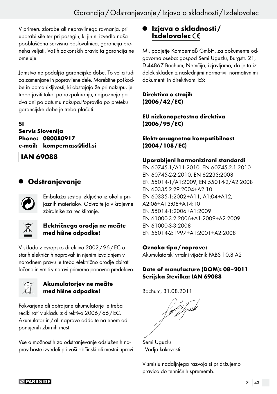 Odstranjevanje, Izjava o skladnosti / izdelovalec | Parkside PABS 10.8 A2 User Manual | Page 43 / 75