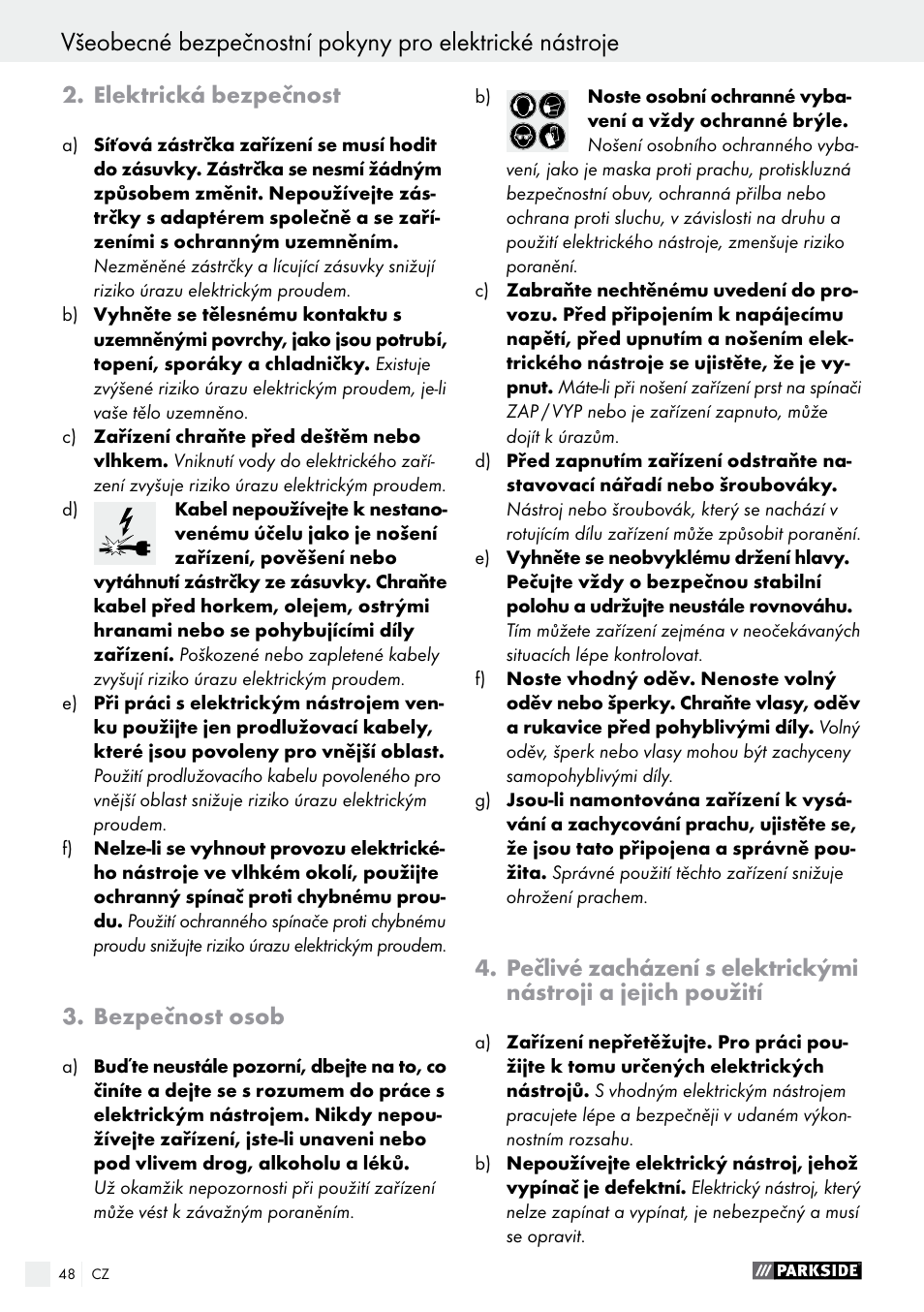 Elektrická bezpečnost, Bezpečnost osob | Parkside PABS 10.8 A2 User Manual | Page 48 / 75