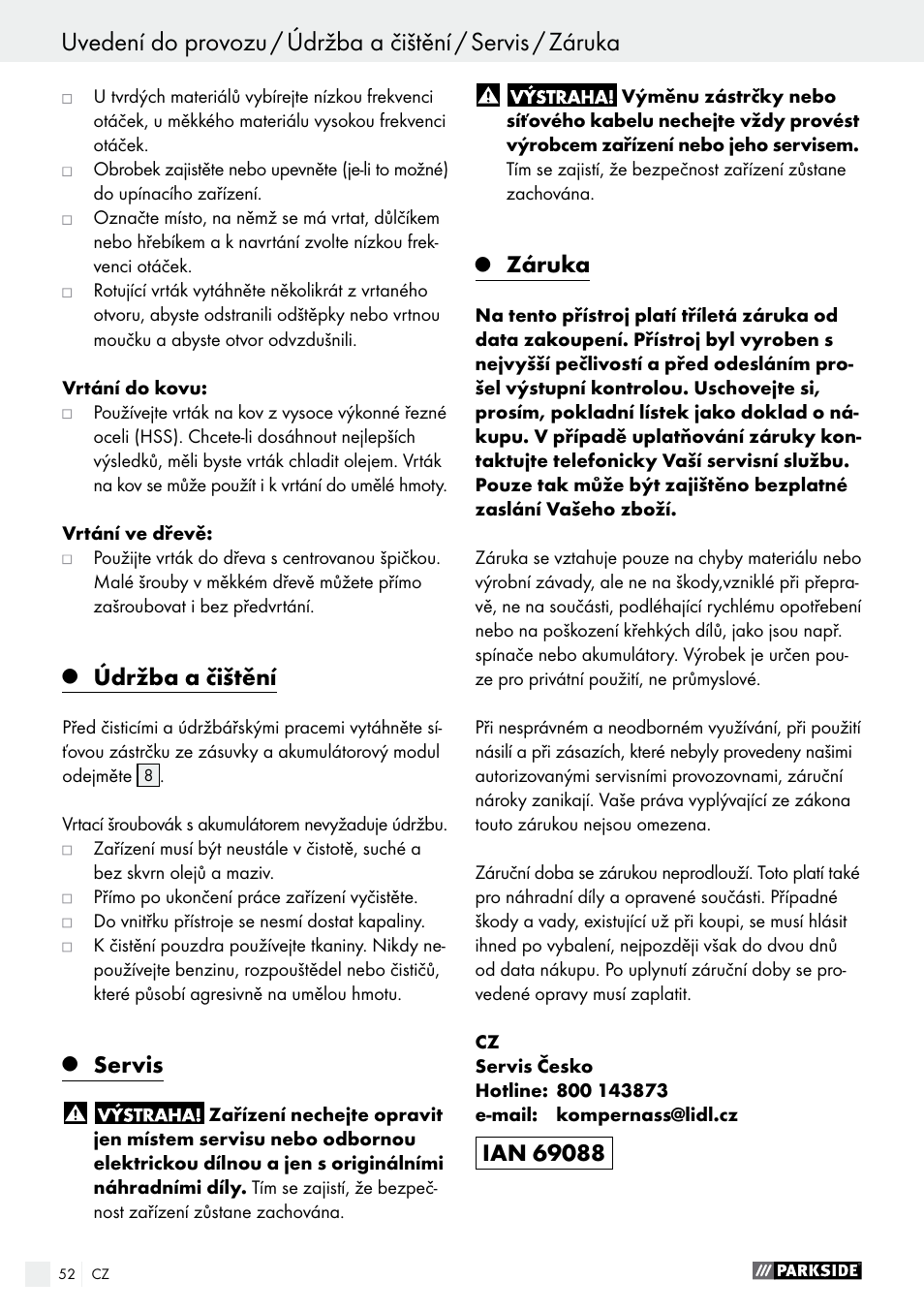 Údržba a čištění, Servis, Záruka | Parkside PABS 10.8 A2 User Manual | Page 52 / 75