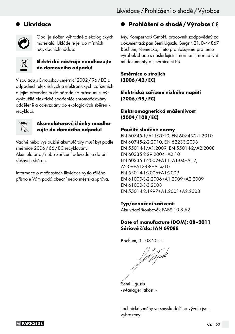 Likvidace, Prohlášení o shodě / výrobce | Parkside PABS 10.8 A2 User Manual | Page 53 / 75