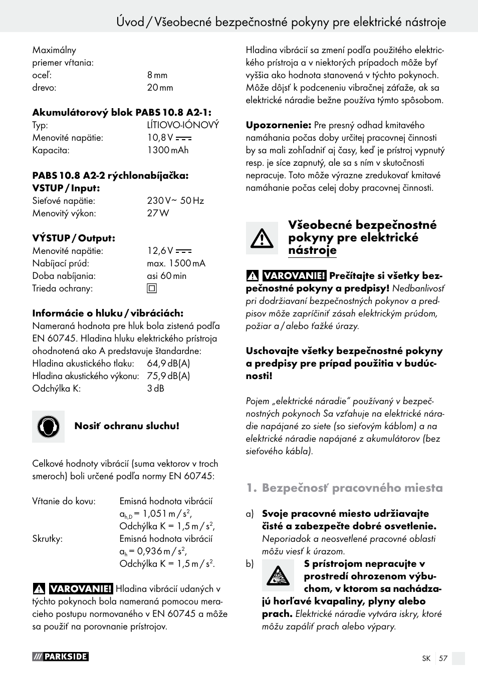 Bezpečnosť pracovného miesta | Parkside PABS 10.8 A2 User Manual | Page 57 / 75