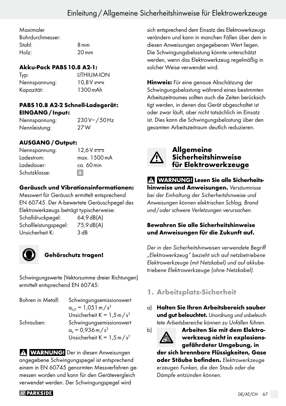 Arbeitsplatz-sicherheit | Parkside PABS 10.8 A2 User Manual | Page 67 / 75