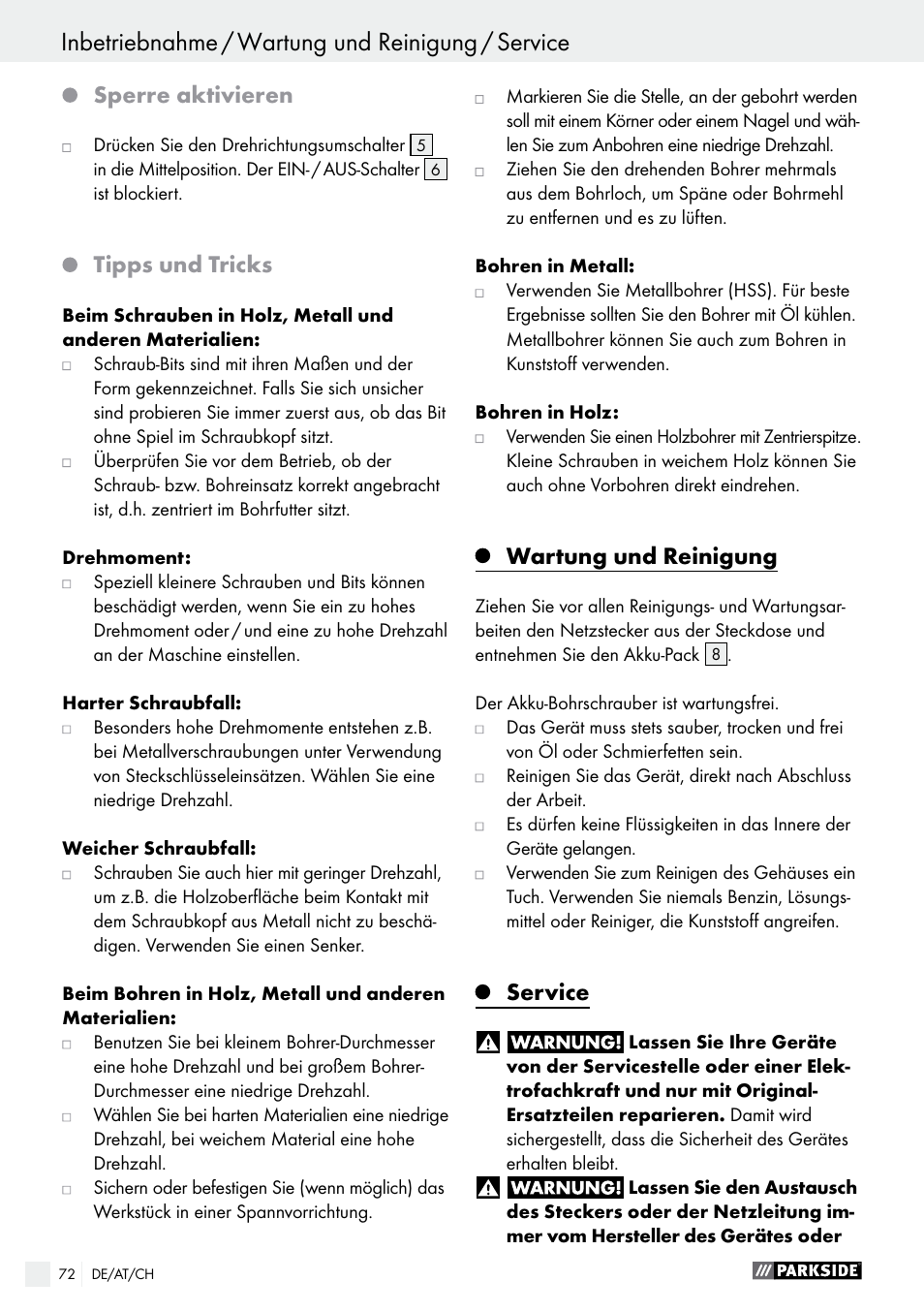 Inbetriebnahme / wartung und reinigung / service, Sperre aktivieren, Tipps und tricks | Wartung und reinigung, Service | Parkside PABS 10.8 A2 User Manual | Page 72 / 75