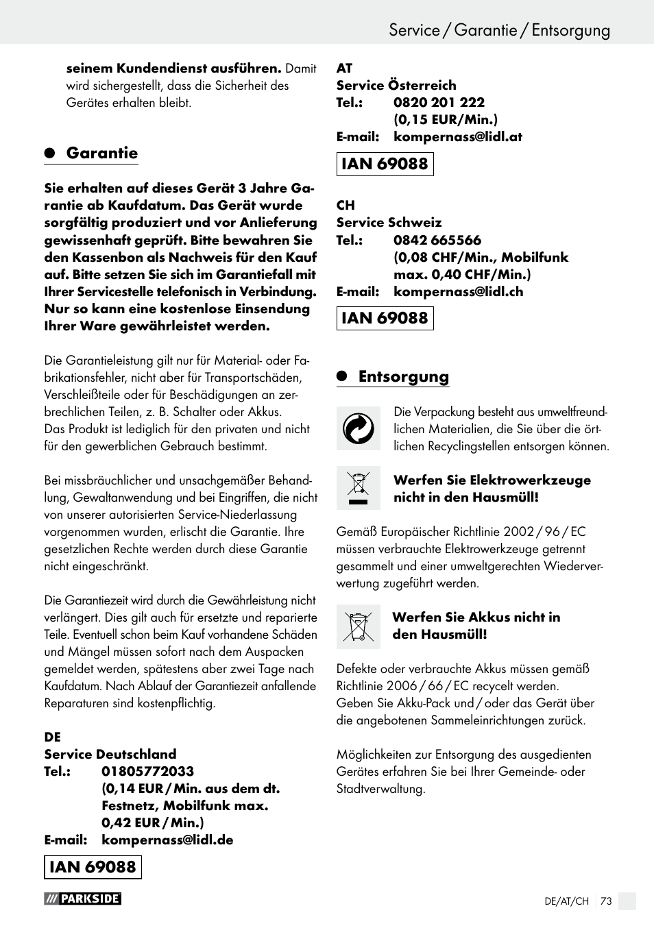 Service / garantie / entsorgung | Parkside PABS 10.8 A2 User Manual | Page 73 / 75