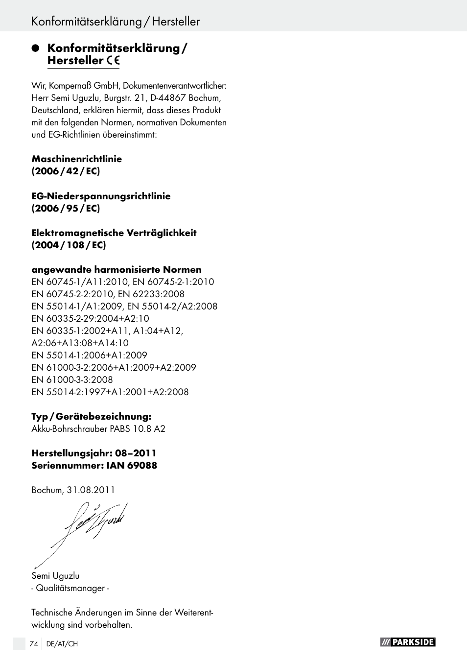 Konformitätserklärung / hersteller | Parkside PABS 10.8 A2 User Manual | Page 74 / 75