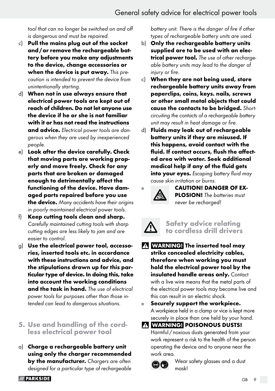 General safety advice for electrical power tools, Safety advice relating to cordless drill drivers | Parkside PABS 10.8 A2 User Manual | Page 9 / 75