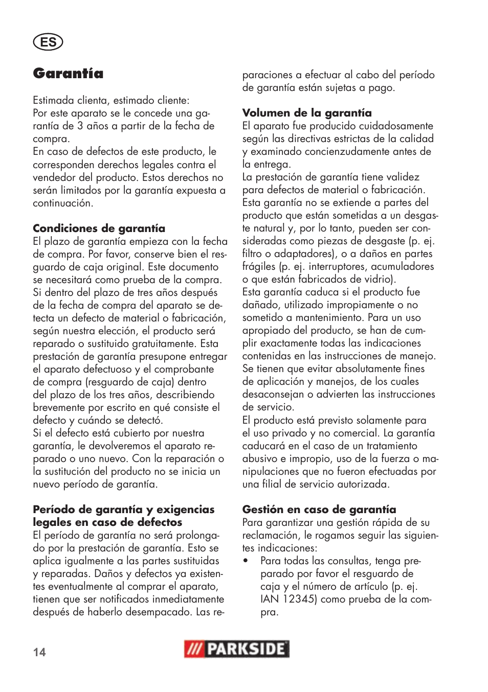 Garantía | Parkside PNTS 1500 B2 User Manual | Page 14 / 52