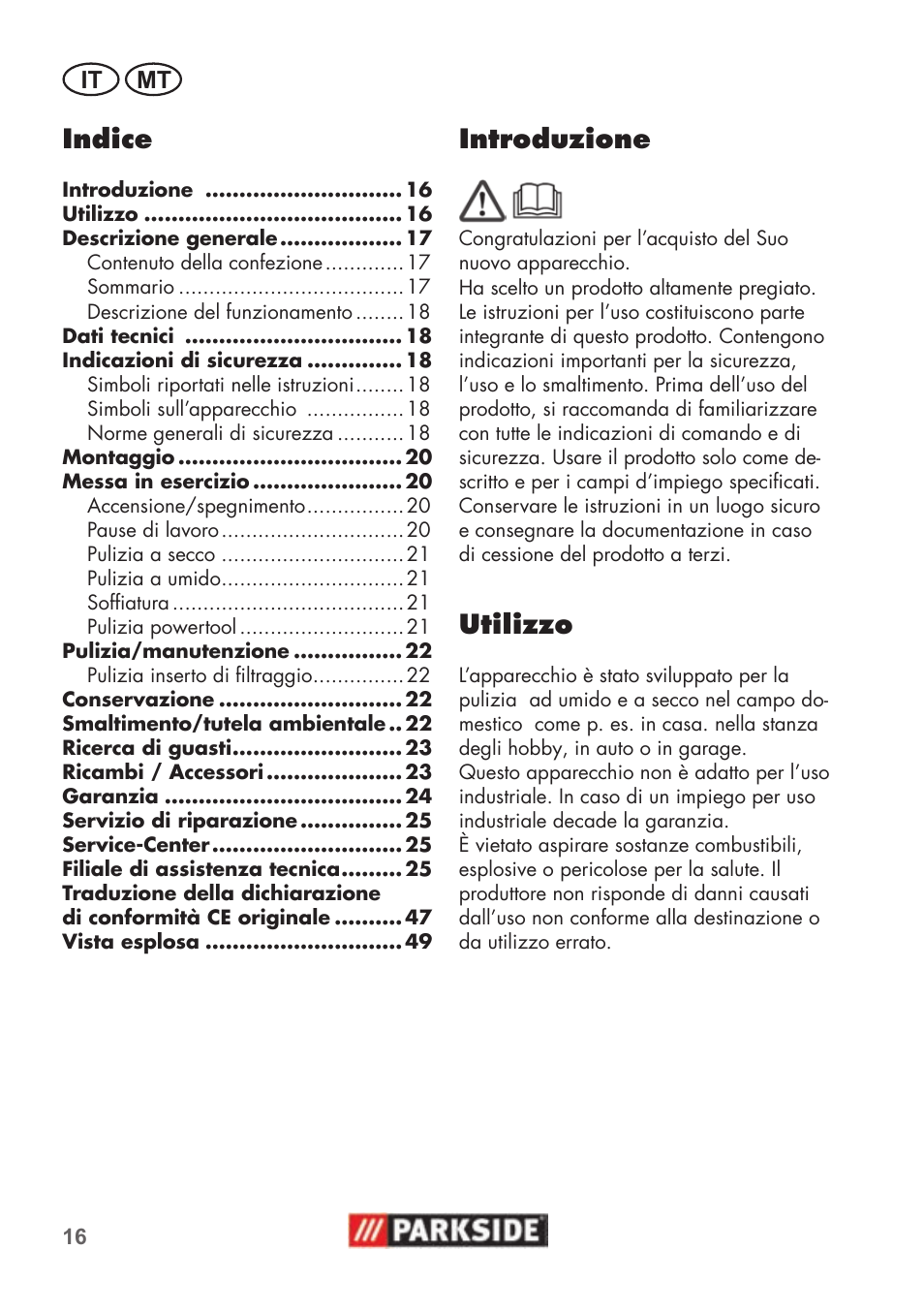 Indice, Introduzione, Utilizzo | It mt | Parkside PNTS 1500 B2 User Manual | Page 16 / 52